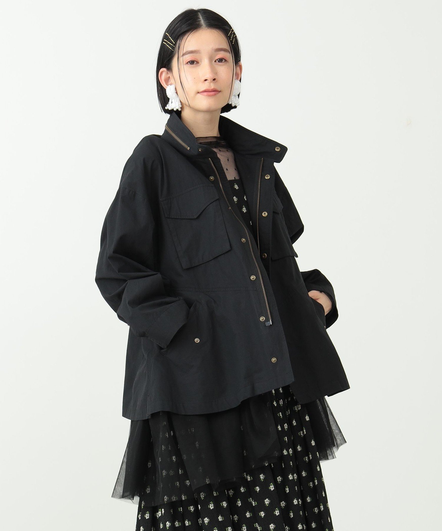 CAROLINA GLASER CAROLINA GLASER / 裾チュール ジャケット カロリナ グレイサー ジャケット・アウター テーラードジャケット・ブレザー ブラック カーキ【送料無料】のサムネイル