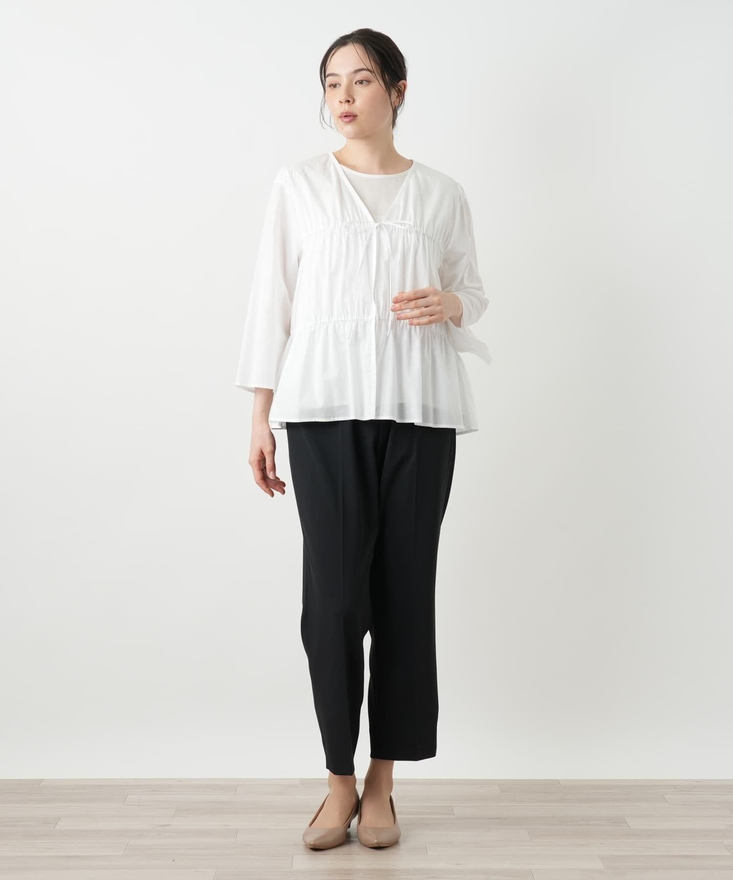 Leilian PLUS HOUSE Vネックブラウス【BOURGE】 レリアン プラスハウス トップス シャツ・ブラウス ホワイト ネイビー
