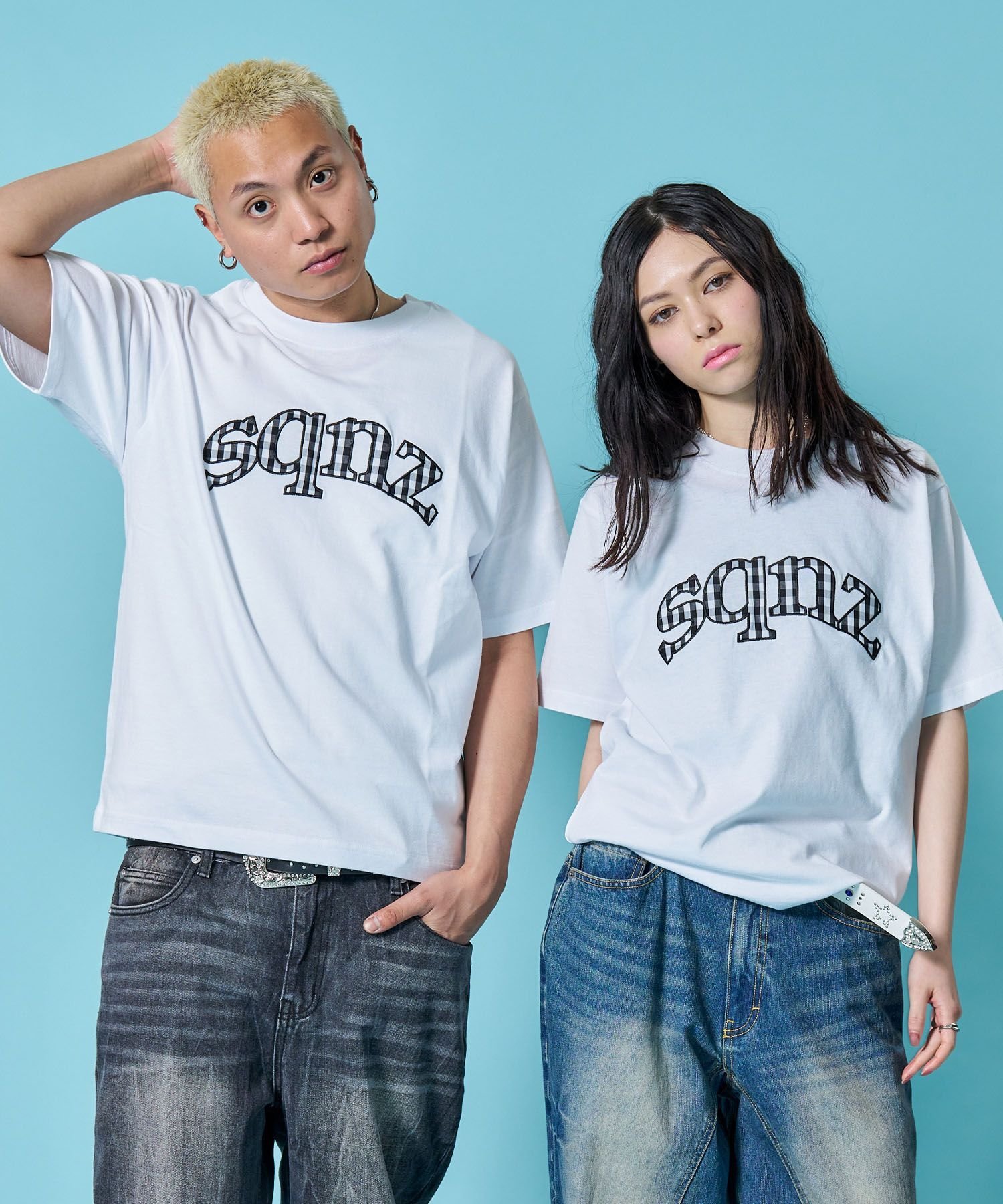 B ONE SOUL 【sqnz/エスキュンズ】※WEB限定 / チェック柄ワッペン / ギンガムチェックワッペン半袖T / sqnz gingham applique tee ナバル トップス カットソー・Tシャツ ホワイト ピンク ネイビー ブラック【送料無料】
