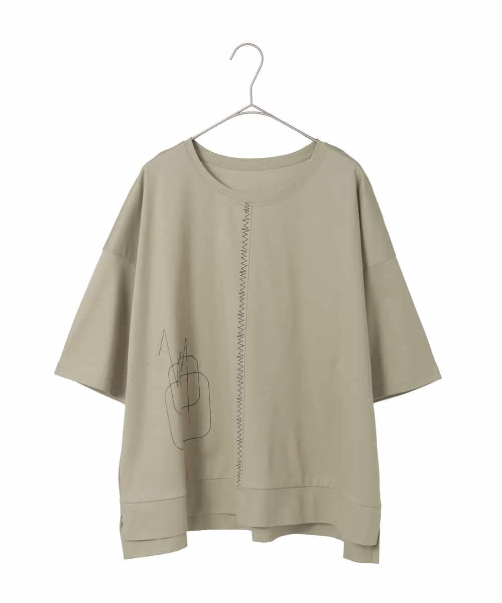 HIROKO BIS GRANDE 【大きいサイズ/接触冷感】ミシンステッチボクシーシルエットTシャツ /洗える ヒロコ ビス グランデ トップス カットソー・Tシャツ カーキグリーン ホワイト ブラック