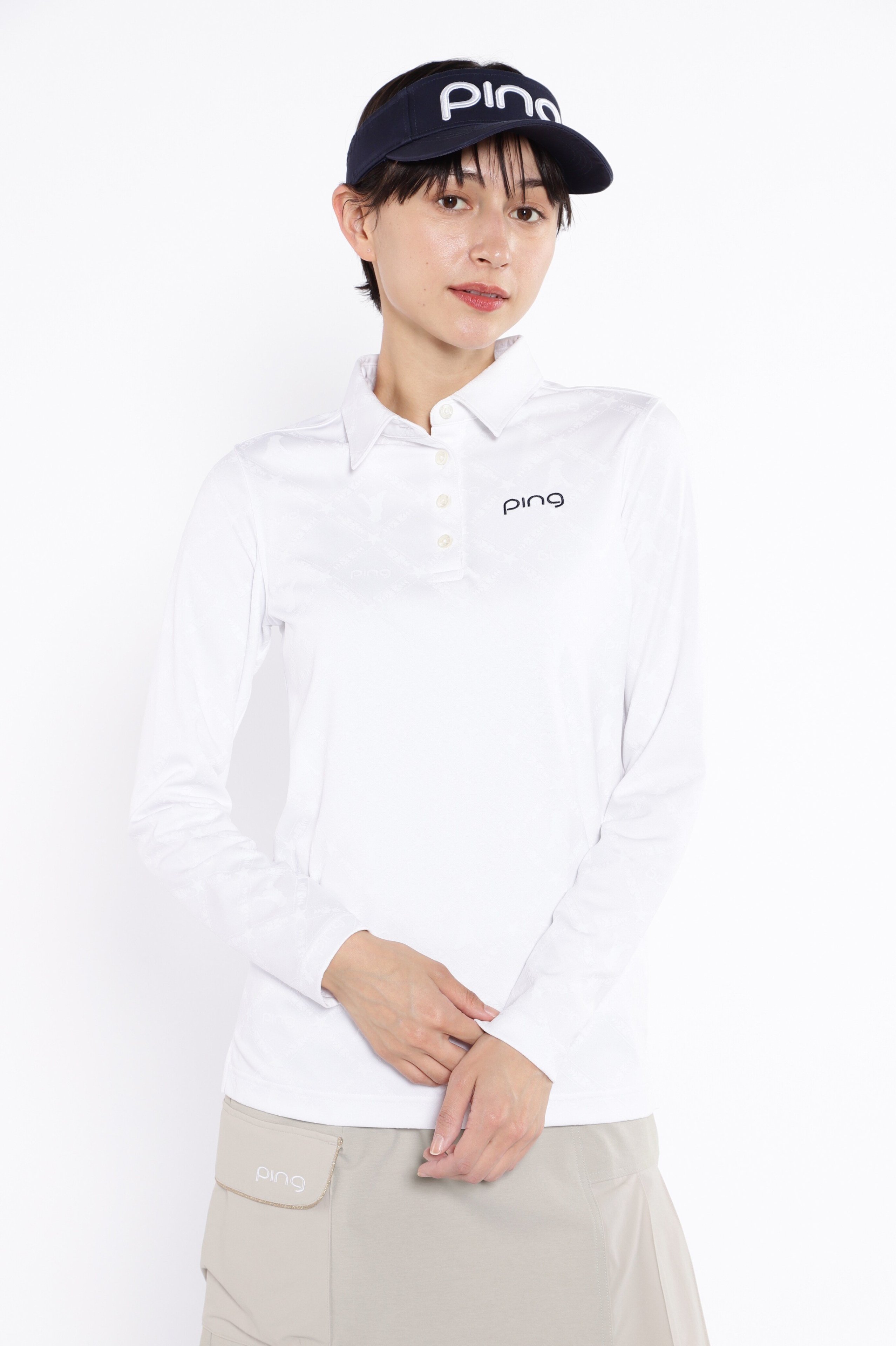 【SALE／50%OFF】PING APPAREL Mr.PING凸凹ボーダージャガード長袖ポロシャツ ＜NATIVE＞ (LADIES) ピン アパレル トップス ポロシャツ ホワイト ネイビー ベージュ【送料無料】