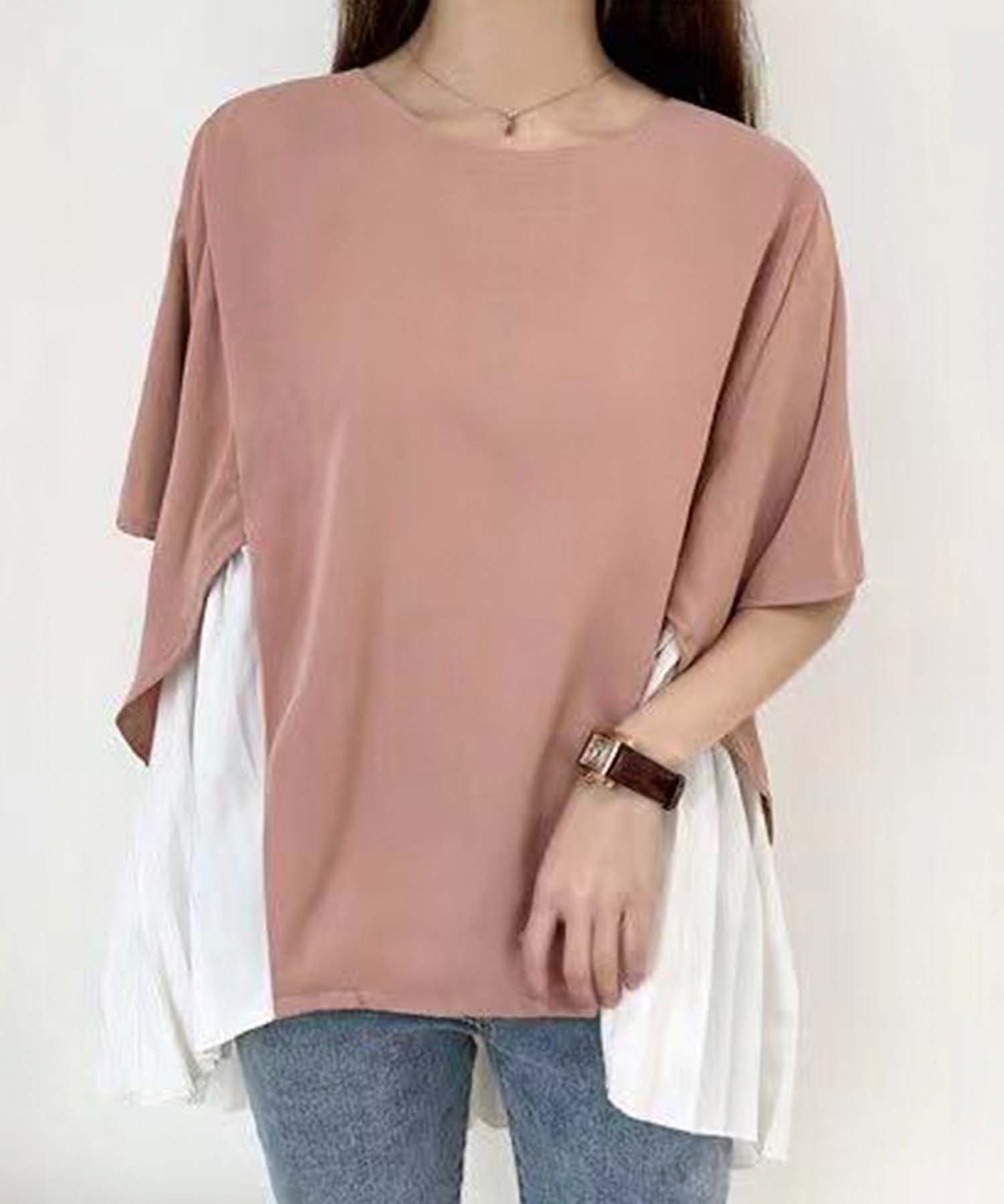 Girly Doll/イレギュラーヘムプリーツシフォンドッキング半袖トップス ドゥーラ ドゥーラ トップス カットソー・Tシャツ ピンク