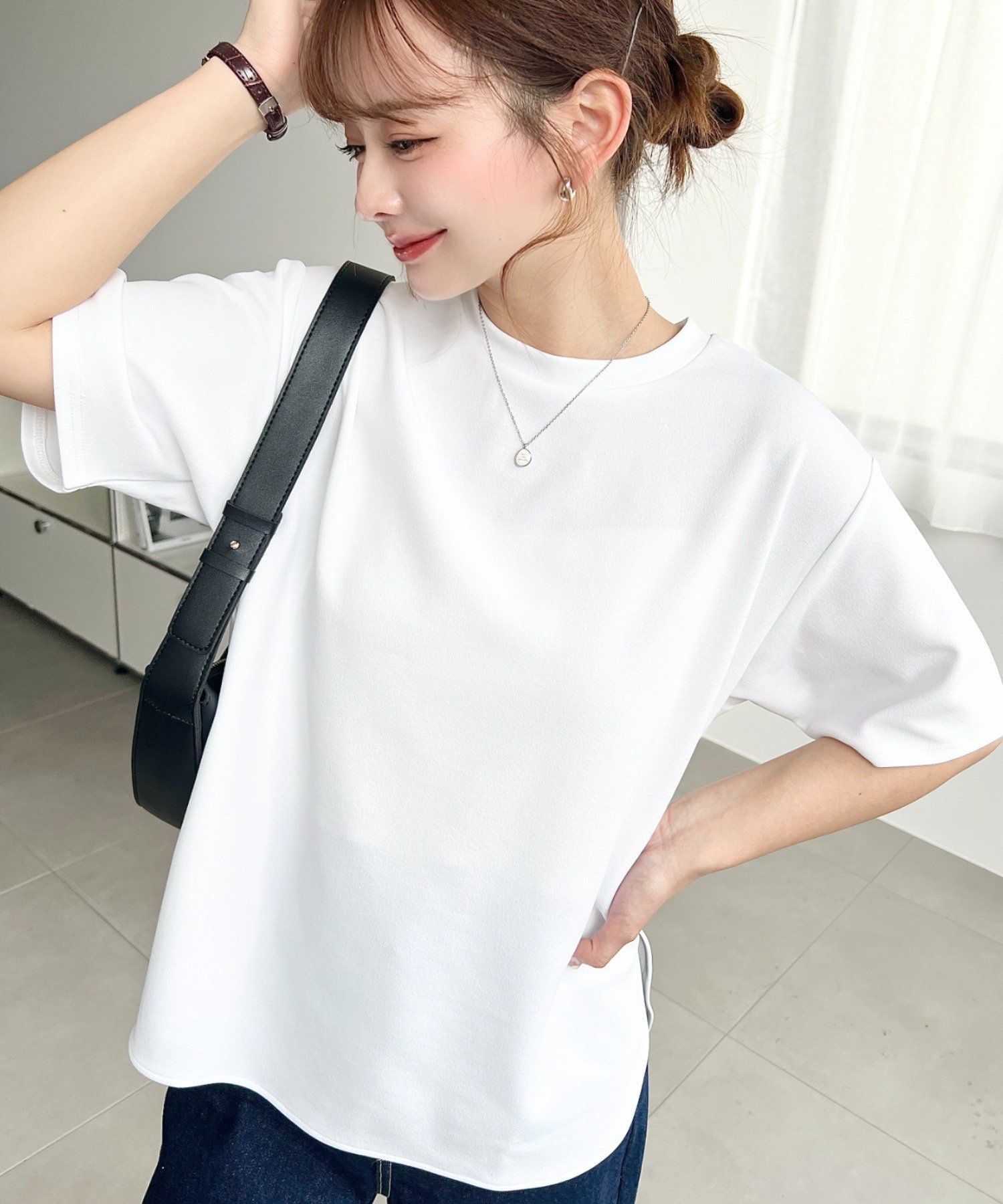 moment+ しわになりにくいストレッチジョーゼット半袖Tブラウス モーメントプラス トップス カットソー・Tシャツ ホワイト ネイビー ブラック