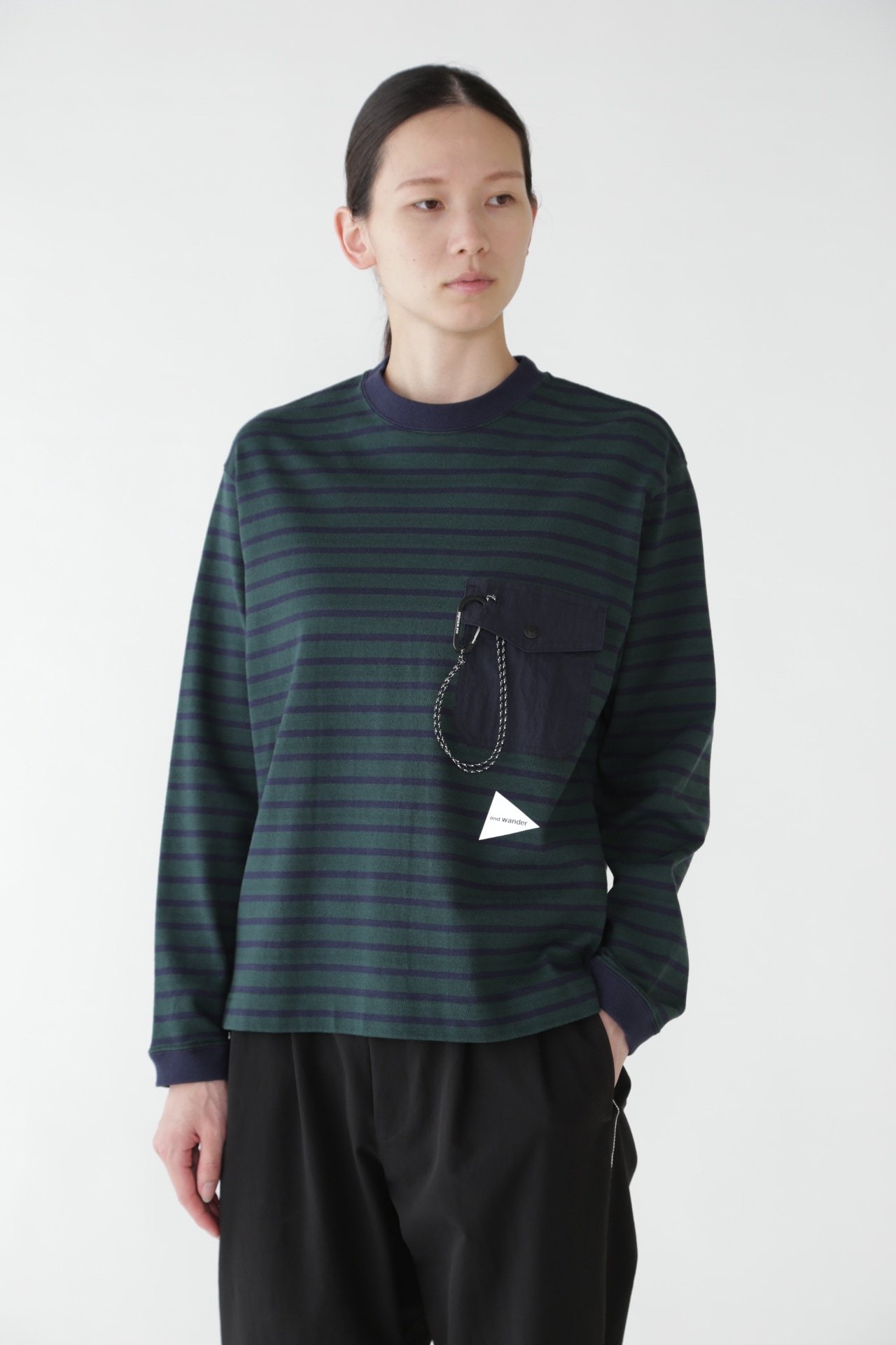 and wander stripe pocket L/S T アンドワンダー トップス カットソー・Tシャツ グリーン【送料無料】