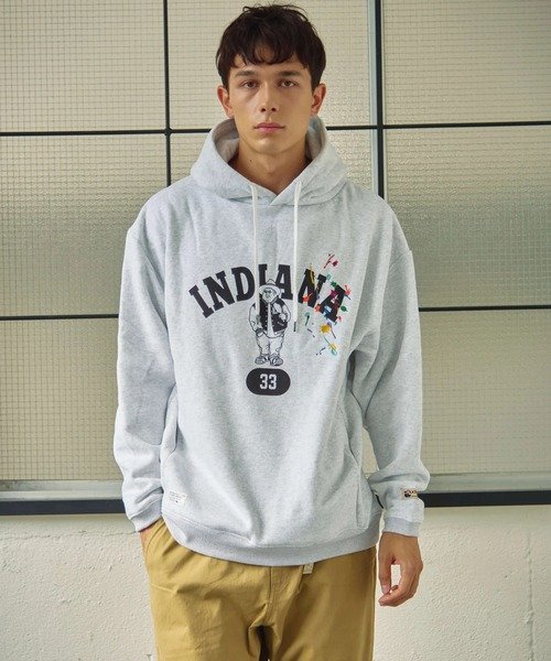 Duckster DUCKSTER/ダックスター ペンキ飛ばし刺繍 カレッジロゴフーディ (MENS) ゴースローキャラバン トップス スウェット・トレーナー ネイビー イエロー【送料無料】