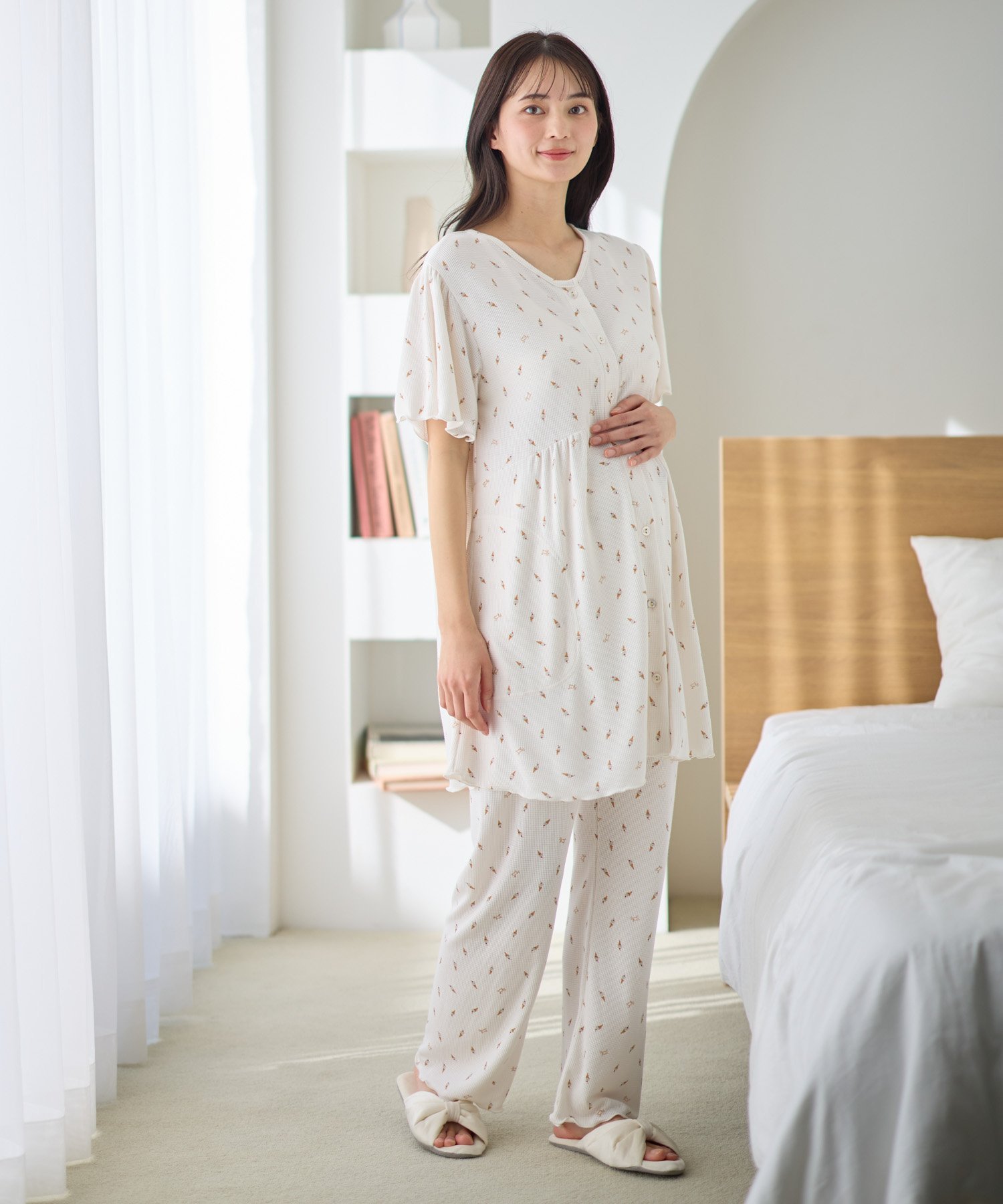 cross marche ワッフル風アイス柄パジャマ/マタニティパジャマ(マタニティ/授乳服)上下セット 授乳口付き 授乳楽々 妊婦服 産前・産後対応 クロスマルシェ インナー・ルームウェア パジャマ ホワイト ピンク【送料無料】
