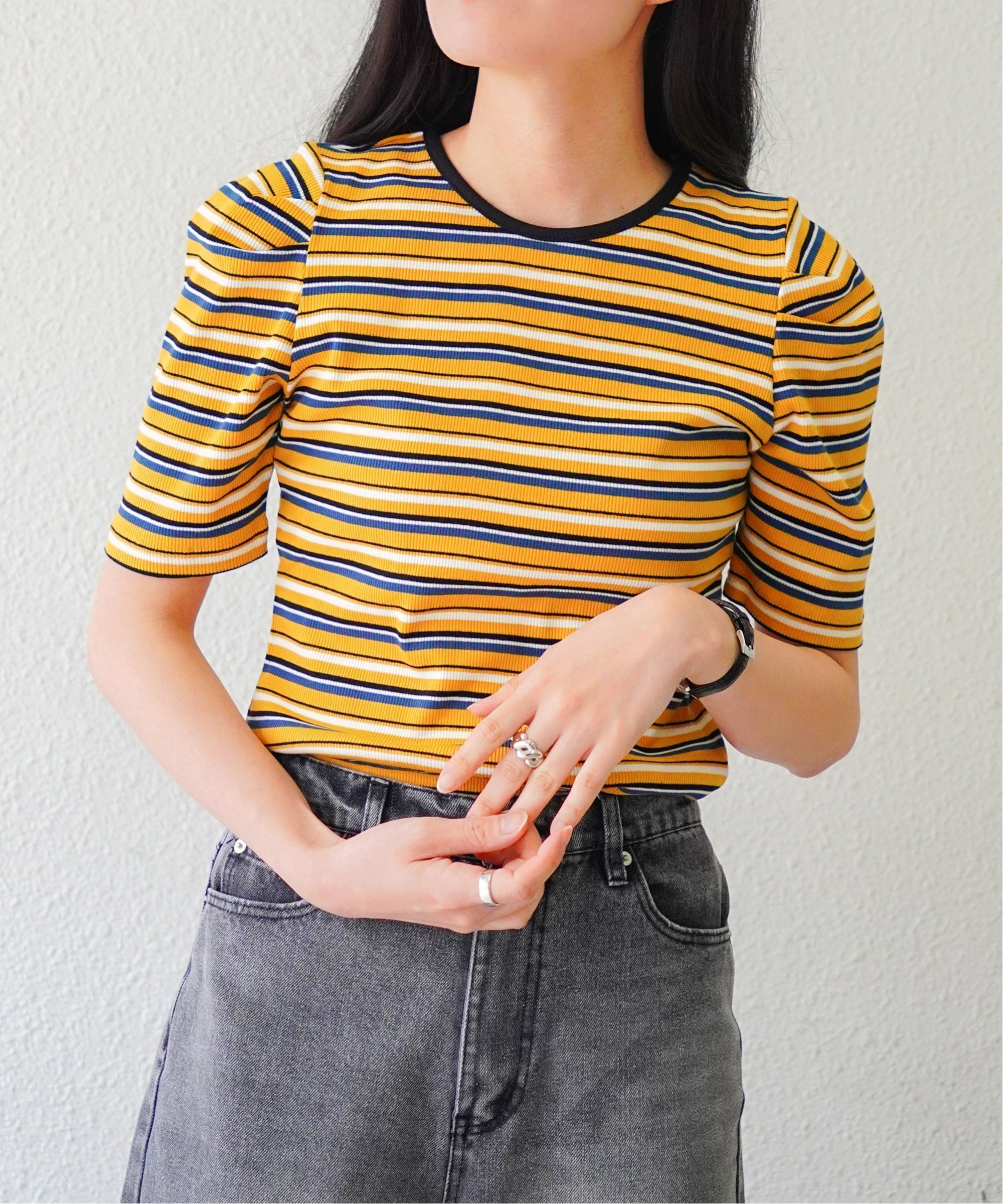 【SALE／10%OFF】VENCE share style 袖タックマルチボーダーT ヴァンス エクスチェンジ トップス カットソー・Tシャツ イエロー ホワイト オレンジ ブルーのサムネイル