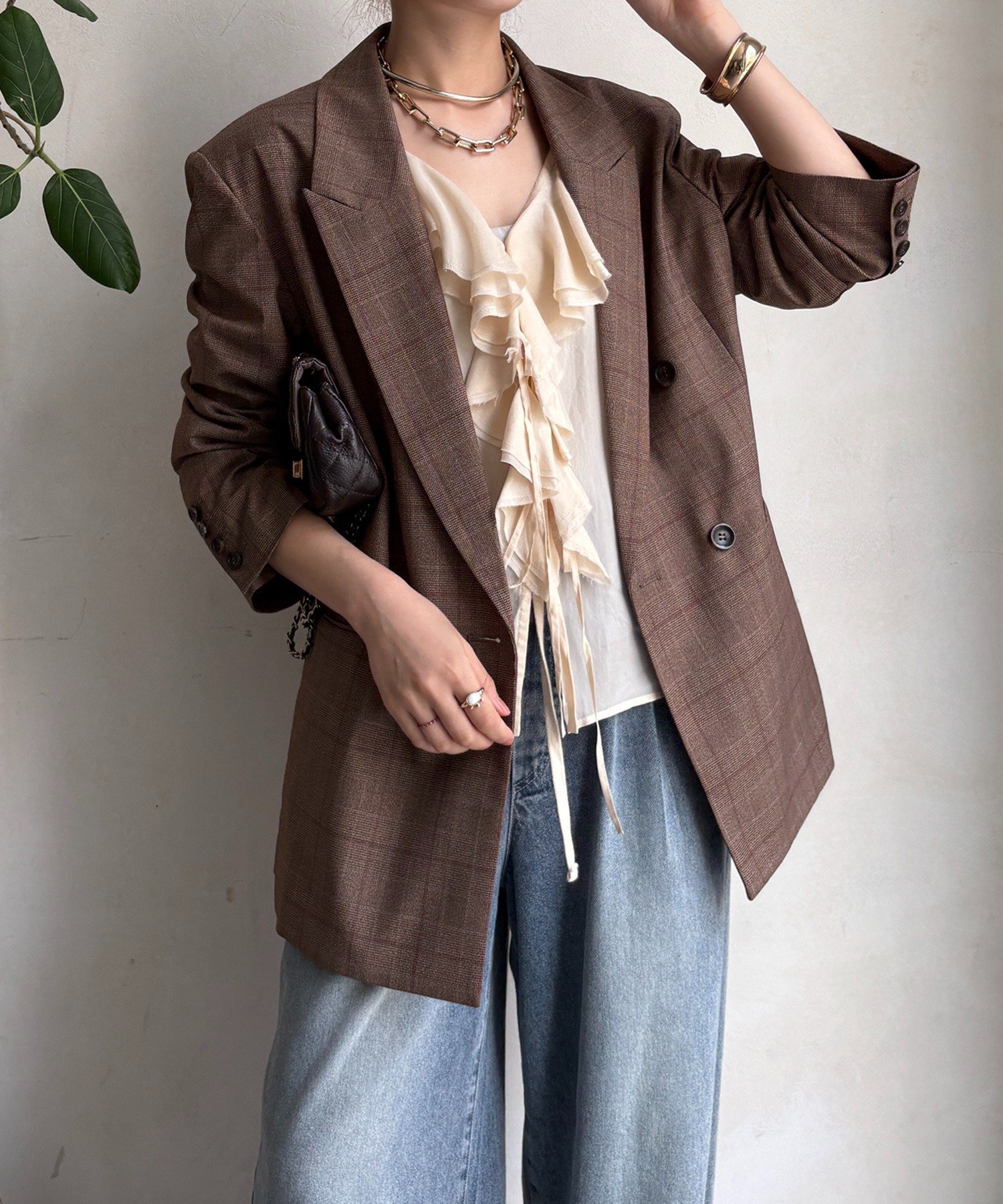 DouDou 肩パッドチェックダブルジャケット ドゥドゥ ジャケット・アウター テーラードジャケット・ブレ..