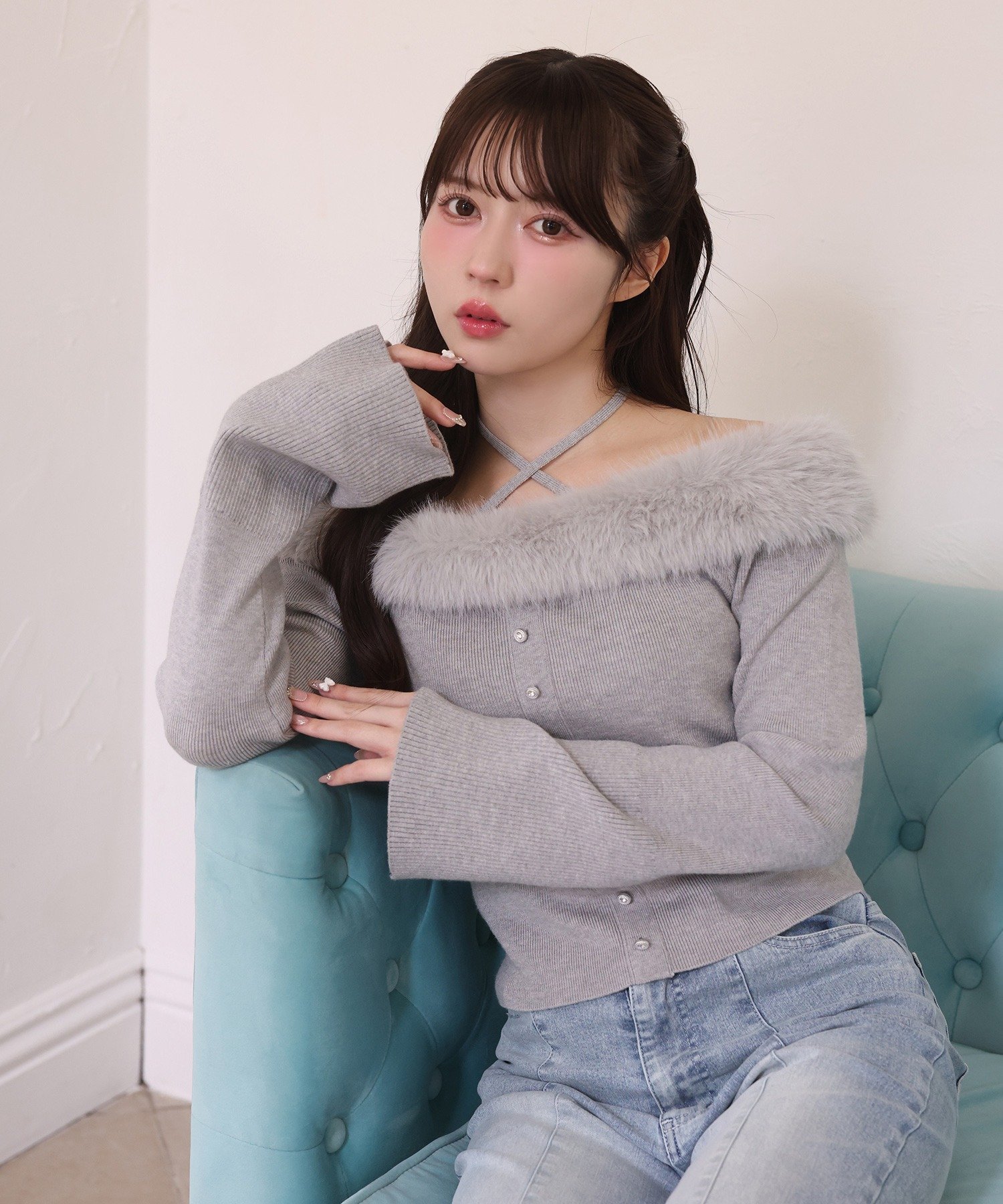 one after another NICE CLAUP キラキラボタンファーオフショルニット ワンアフターアナザー ナイスクラップ トップス ニット ブラック グレー ピンク ホワイト【送料無料】