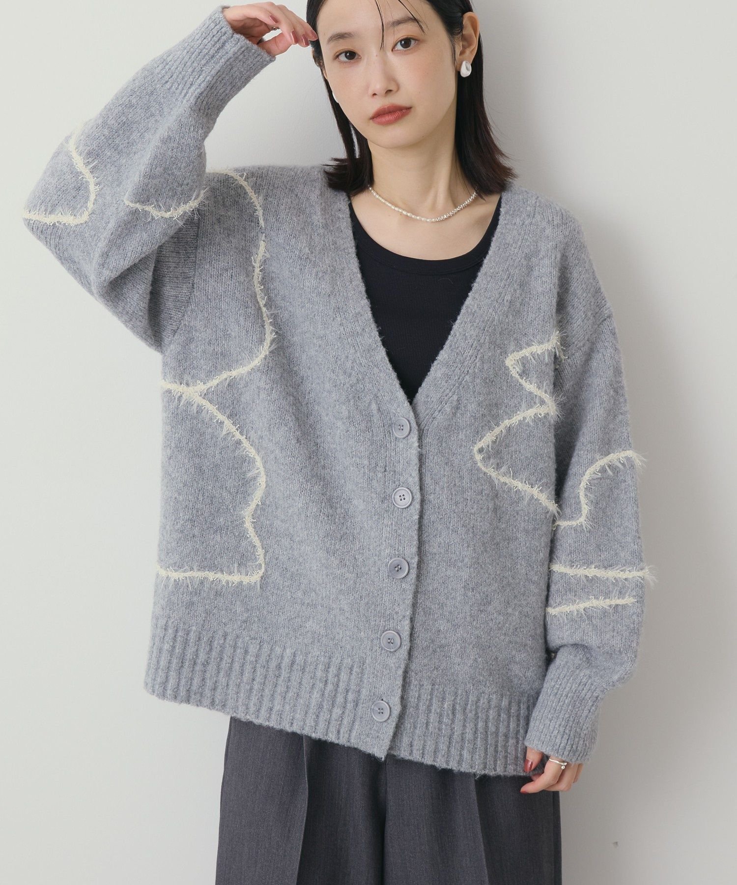 AMERICAN HOLIC ニュアンスライン柄Vネックカーディガン アメリカンホリック トップス カーディガン グレー ブラック ブラウンのサムネイル