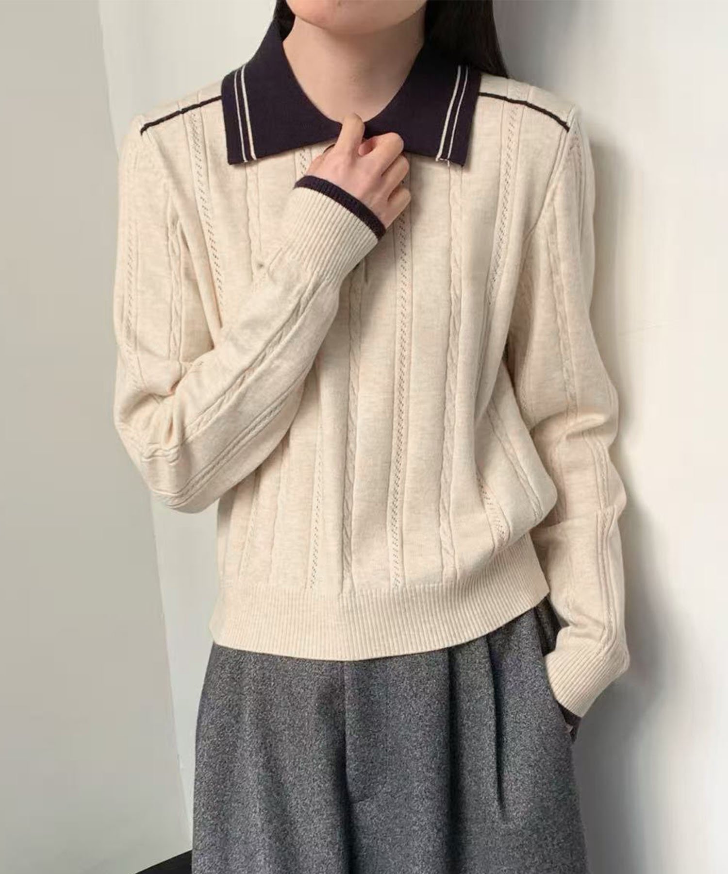 select - aimoha/配色カラー ケーブルニットポロ アイモハ トップス ニット ブルー グレー ホワイト