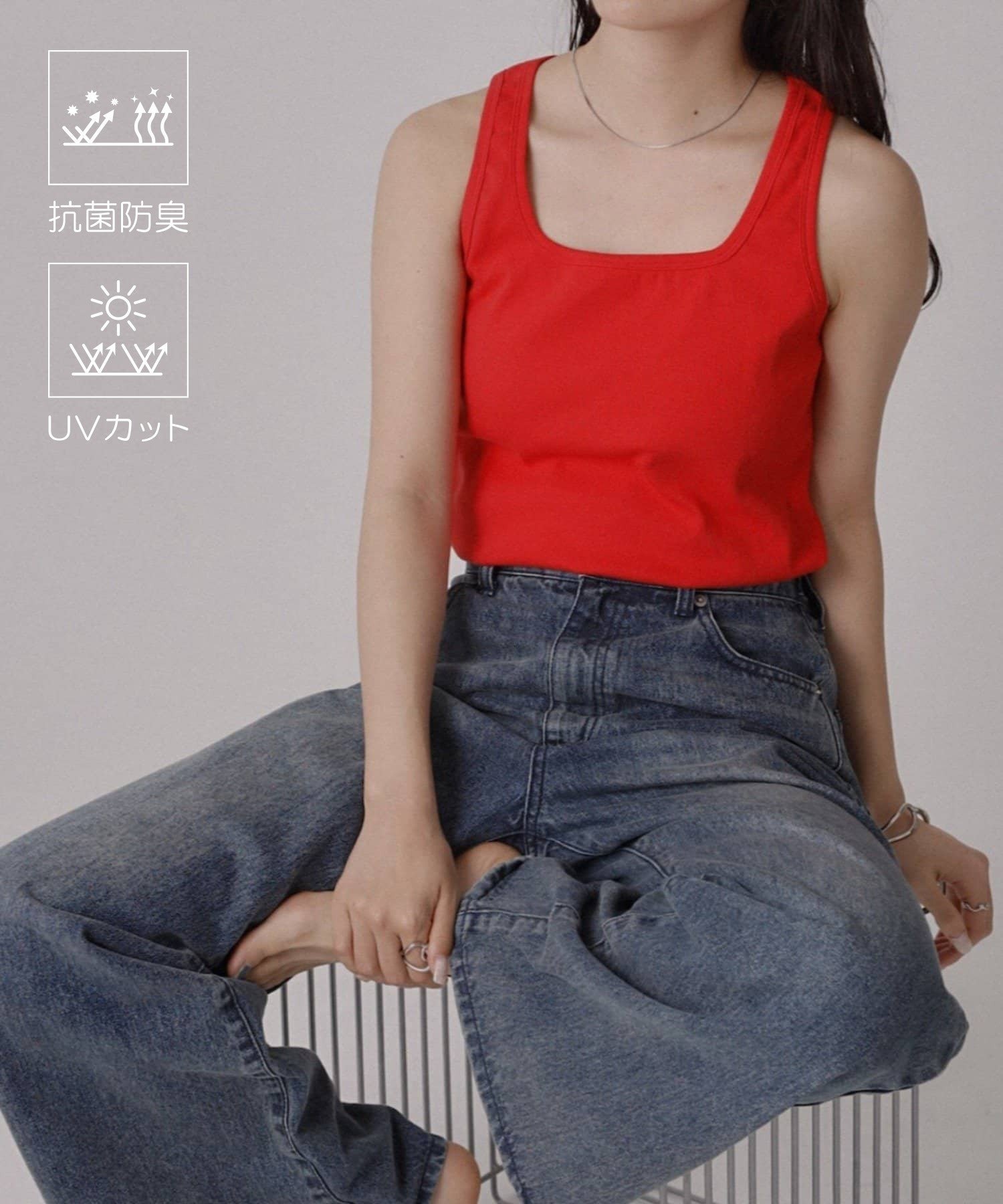【UVカット・抗菌防臭】多機能テレコスクエアネックタンクトップ コロニー トゥーワンスリーナイン トップス ノースリーブ・タンクトップ ブラック ホワイト ネイビー レッド グレー
