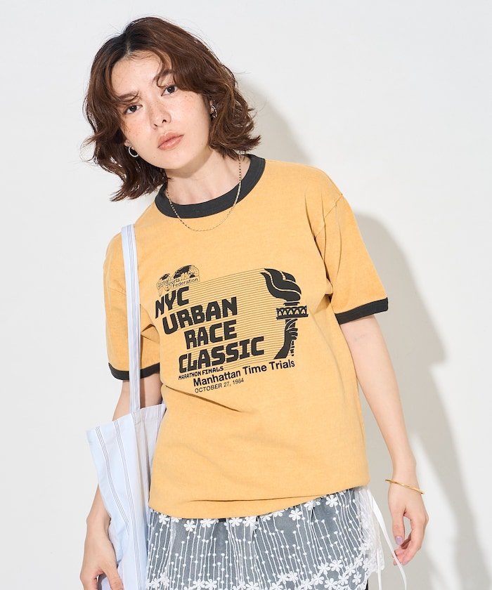 SPORTS PRINT RINGER T-SHIRT フリークスストア トップス カットソー・Tシャツ ホワイト イエロー