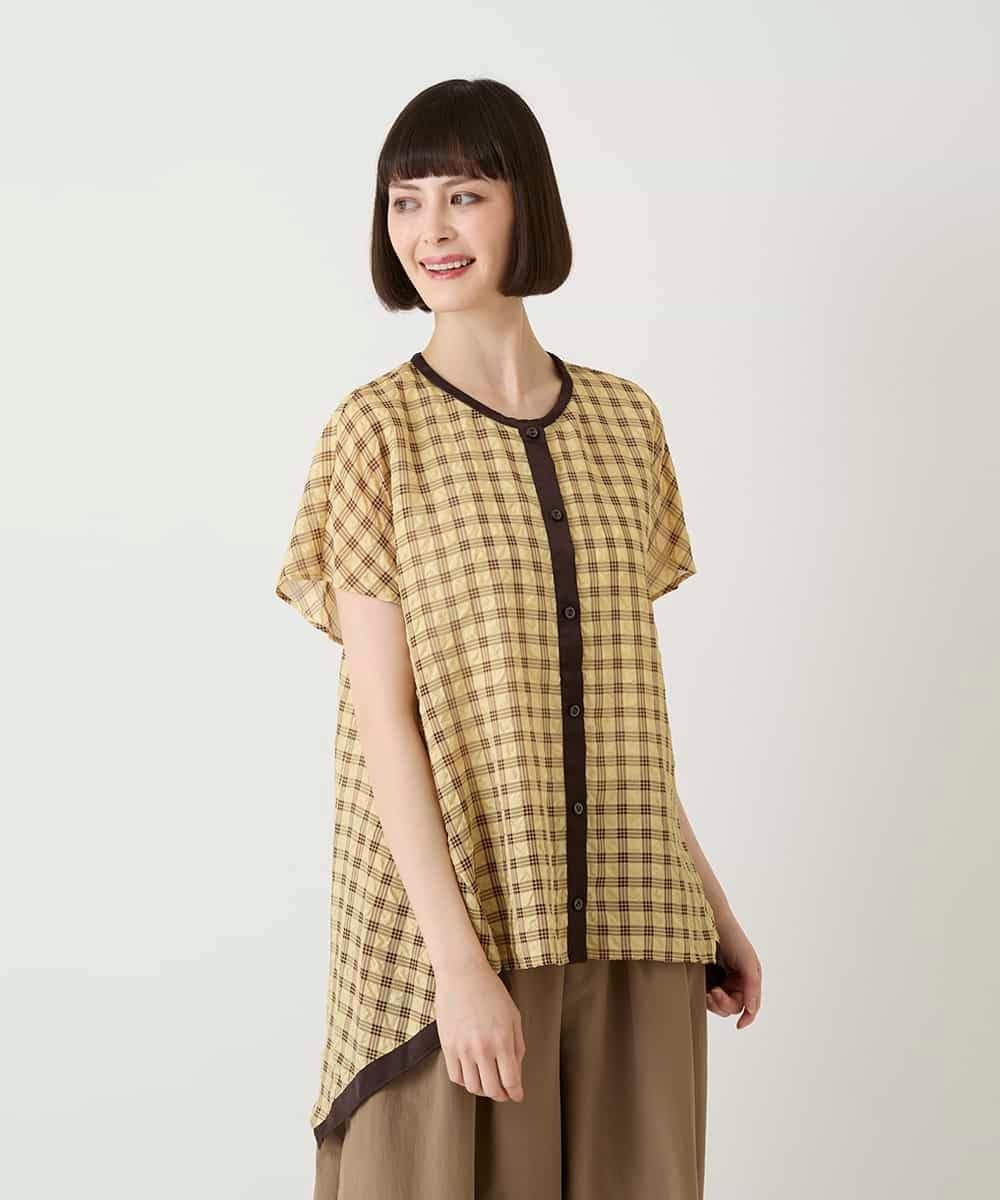 HIROKO BIS（小さいサイズ） 【小さいサイズ】サッカーチェックイレギュラーヘムブラウス メゾンドゥサンク トップス シャツ・ブラウス ホワイト イエロー