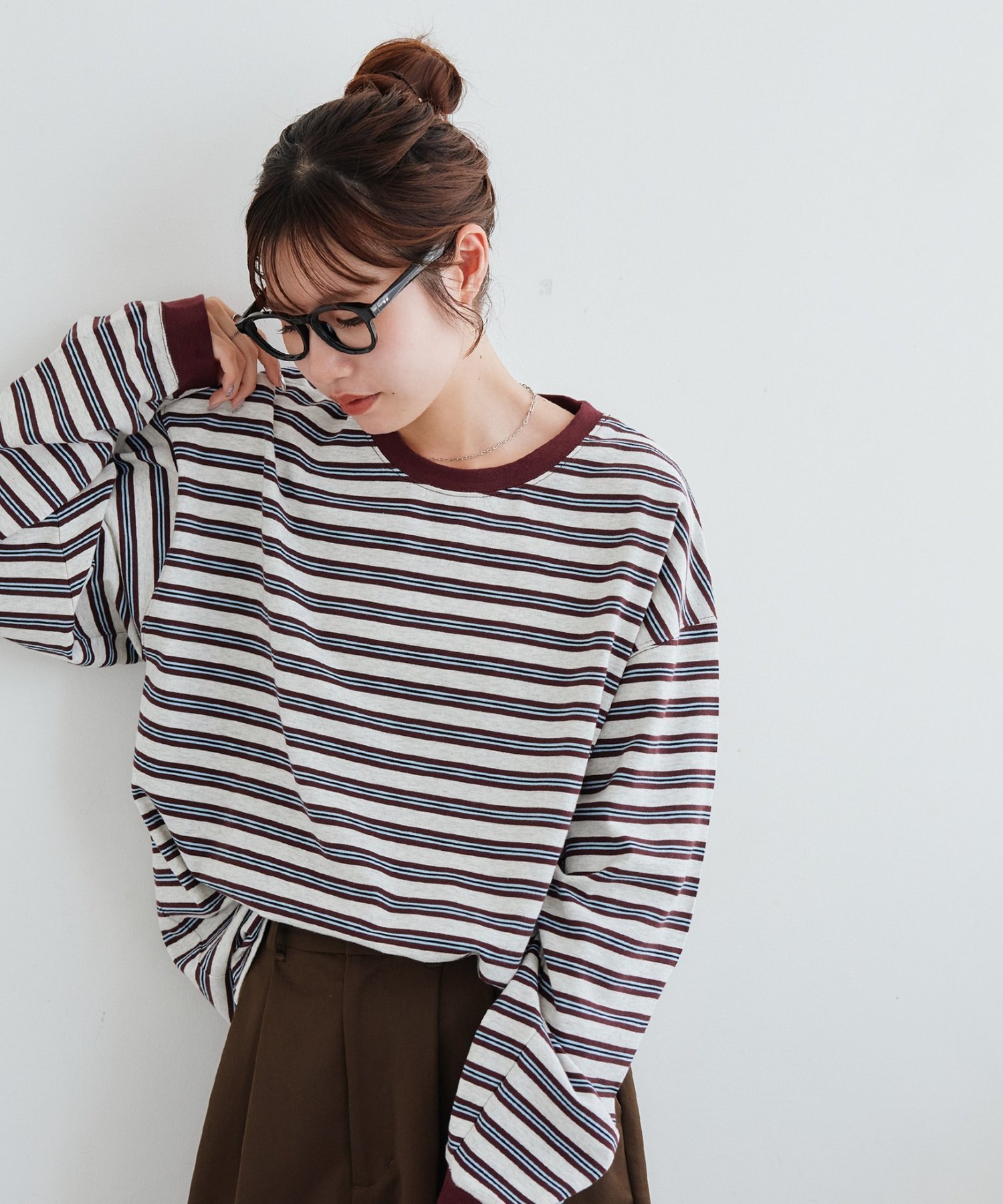 【Enlude】ボーダーロンT《ユニセックス》 ディスコート トップス カットソー・Tシャツ グレー ブラウン ベージュ