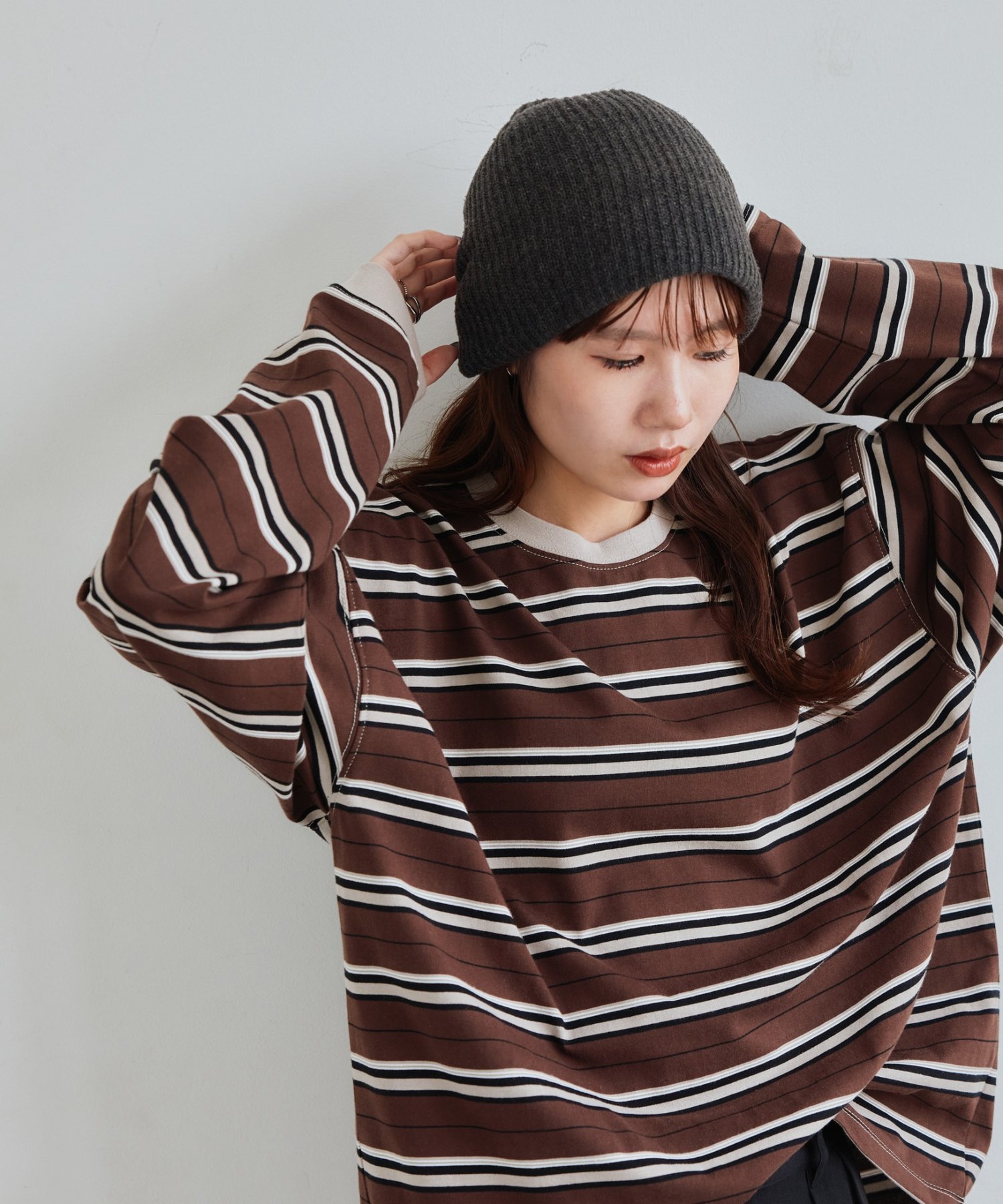 Discoat 【Enlude】ボーダーロンT《ユニセックス》 ディスコート トップス カットソー・Tシャツ グレー ブラウン ベージュ【送料無料】