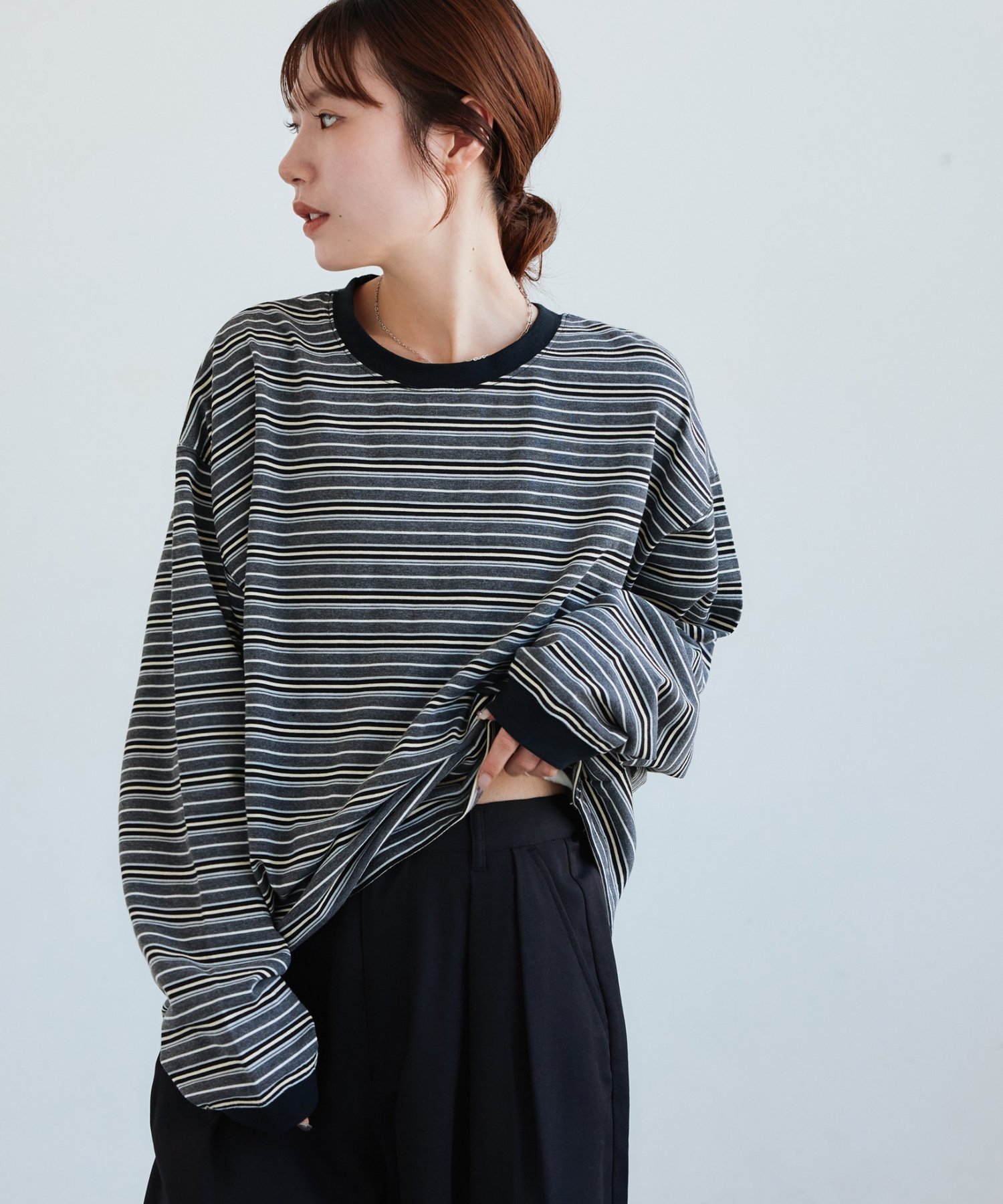 【Enlude】ボーダーロンT《ユニセックス》 ディスコート トップス カットソー・Tシャツ グレー ブラウン ベージュ