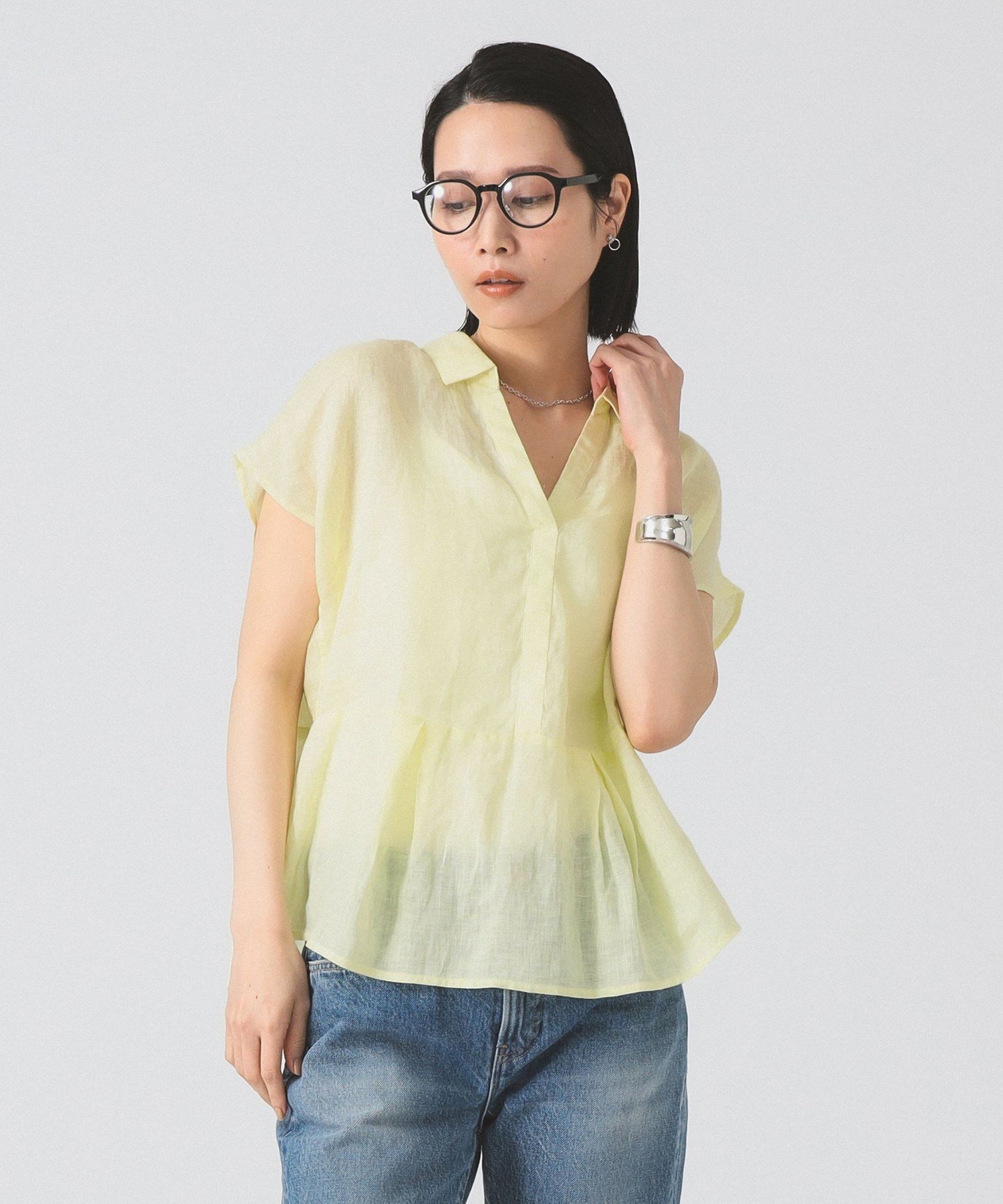 【SALE／40%OFF】Ray BEAMS 【手洗い可/フレンチリネン/長袖/涼しい/ミドル丈/冷房対策/日焼け対策/おでかけ/夏休み/旅行】リネン フレンチスリーブ スキッパー シャツ ビームス ウイメン トップス シャツ・ブラウス イエロー ホワイト ブルー【送料無料】のサムネイル