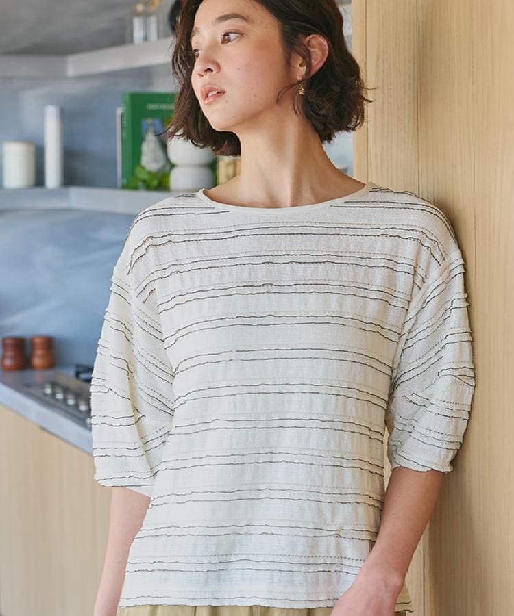 【SALE／30%OFF】THE SHOP TK 【1枚で美人見え】 フリルレースボーダートップス ザ ショップ ティーケー トップス カットソー・Tシャツ ブラウン ブラック ホワイト