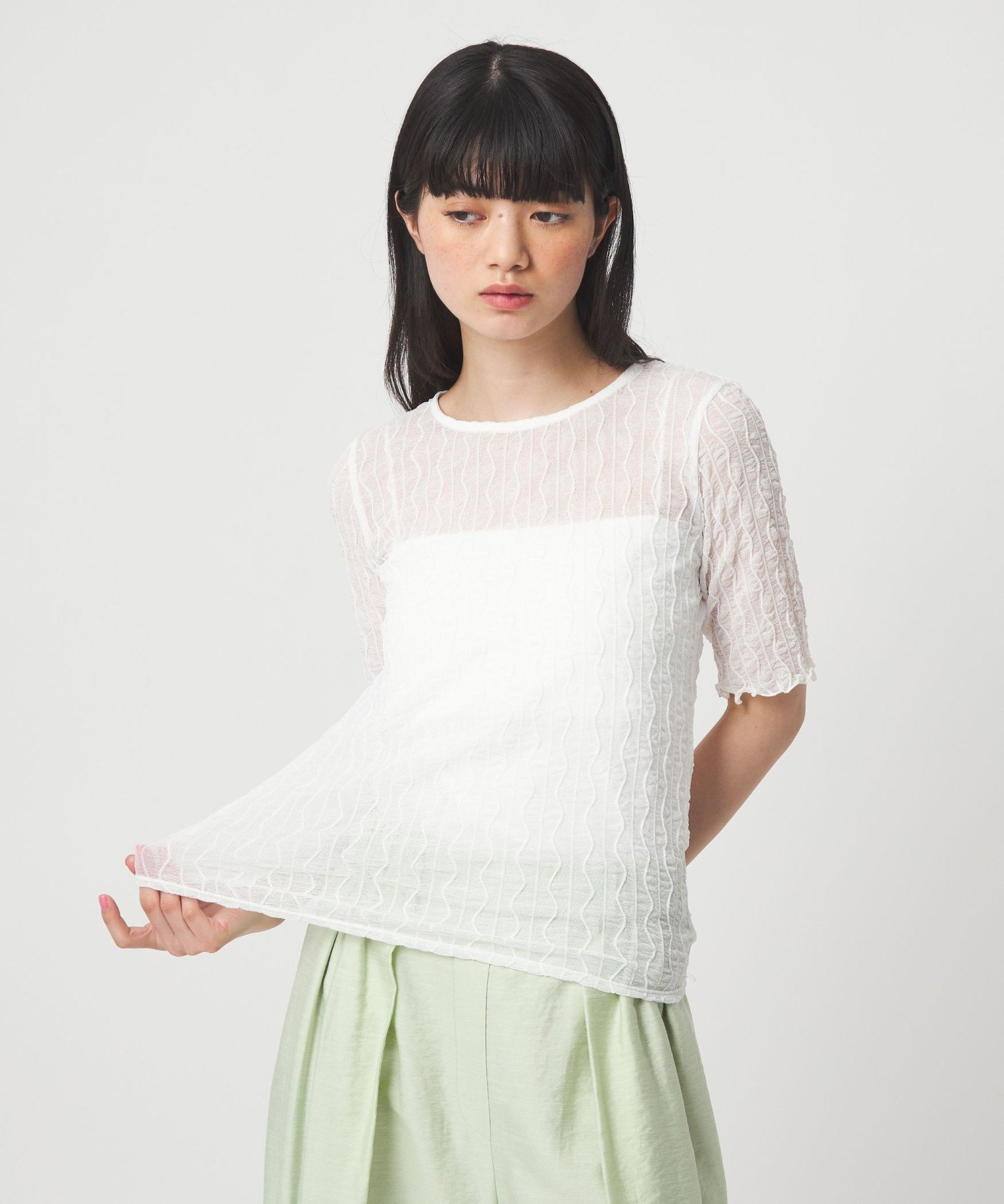 ＜EMMEL REFINES＞EM ウェーブシアー クルーネック 5スリーブ ユナイテッドアローズ グリーンレーベルリラクシング トップス カットソー・Tシャツ グレー ホワイト