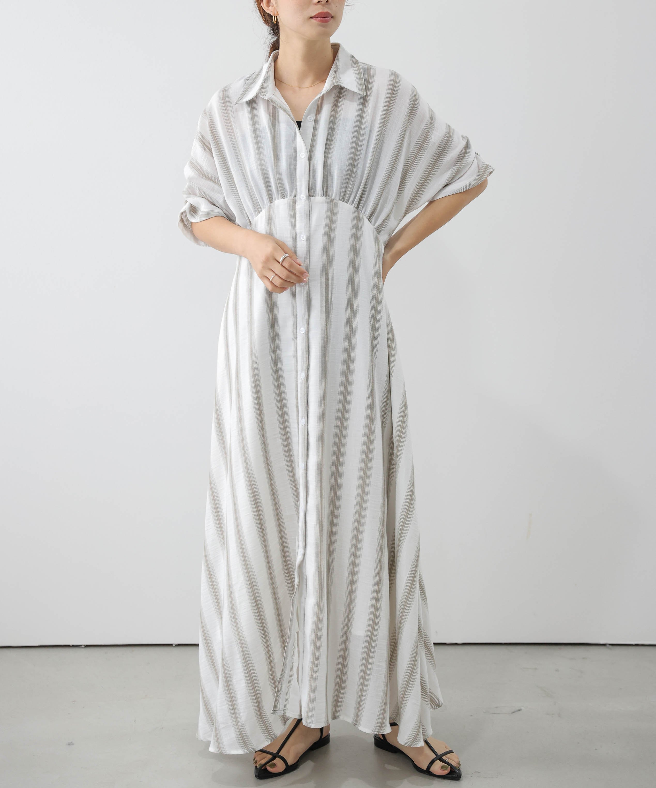 La-gemme ストライプシャツワンピース ラジュール ワンピース・ドレス ワンピース ベージュ グレー