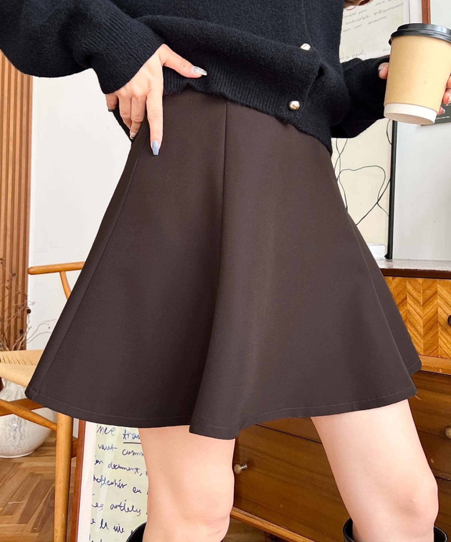 moment+ 厚手TPUカットジョーゼットハイウエストフレアミニスカパン モーメントプラス スカート ミニスカート ブラック ホワイト ブラウン グレー