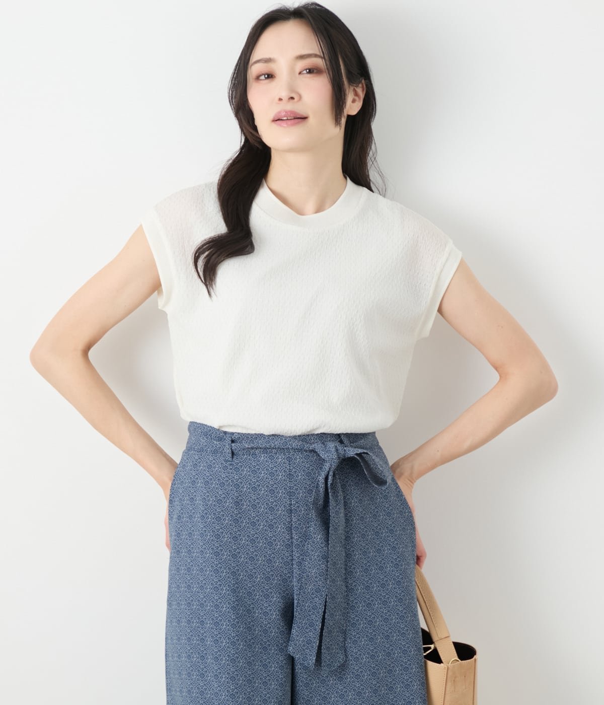 【SALE／30%OFF】NEWYORKER WOMEN L-SIZE 【L】シアーストレッチジャカード フレンチスリーブプルオーバー ニューヨーカー エルサイズ トップス カットソー・Tシャツ ホワイト ブラック【送料無料】