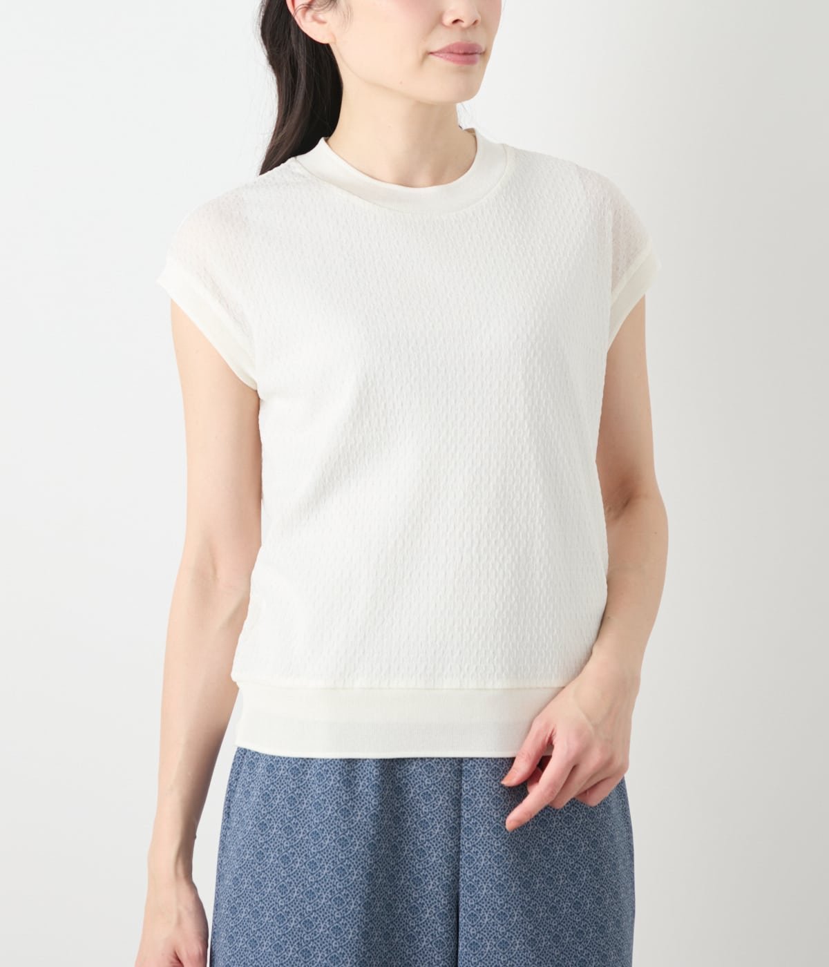 【SALE／30%OFF】NEWYORKER WOMEN L-SIZE 【L】シアーストレッチジャカード フレンチスリーブプルオーバー ニューヨーカー エルサイズ トップス カットソー・Tシャツ ホワイト ブラック【送料無料】