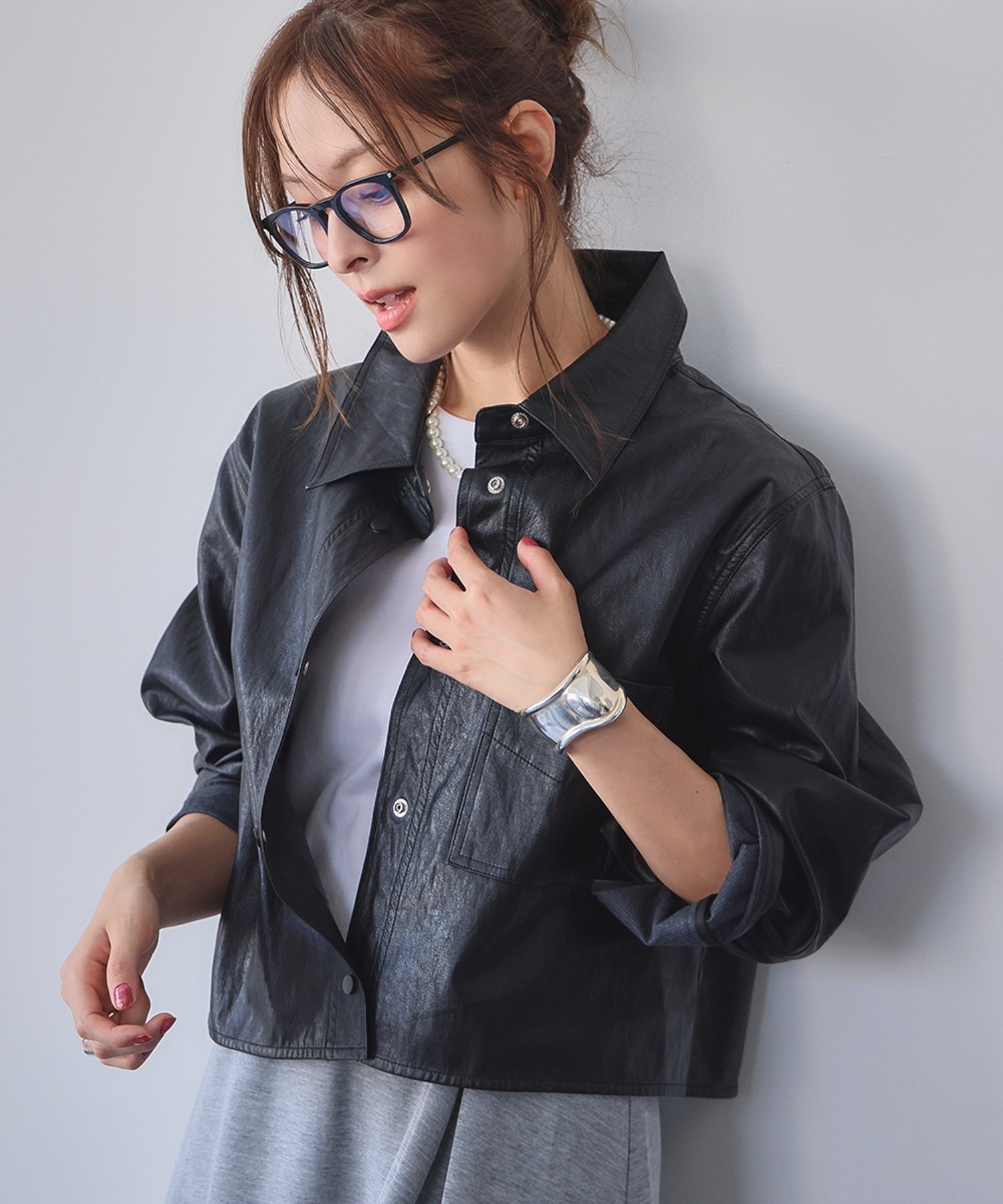 【SALE／23%OFF】ELFRANK フェイクレザー ショート丈 シャツジャケット リバーフィールド アンド コー ジャケット・アウター その他のジャケット・アウター ブラック【送料無料】