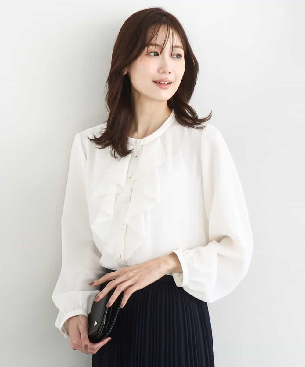 MK MICHEL KLEIN ラッフルフリルブラウス/洗える エムケーミッシェルクラン トップス シャツ・ブラウス ホワイト