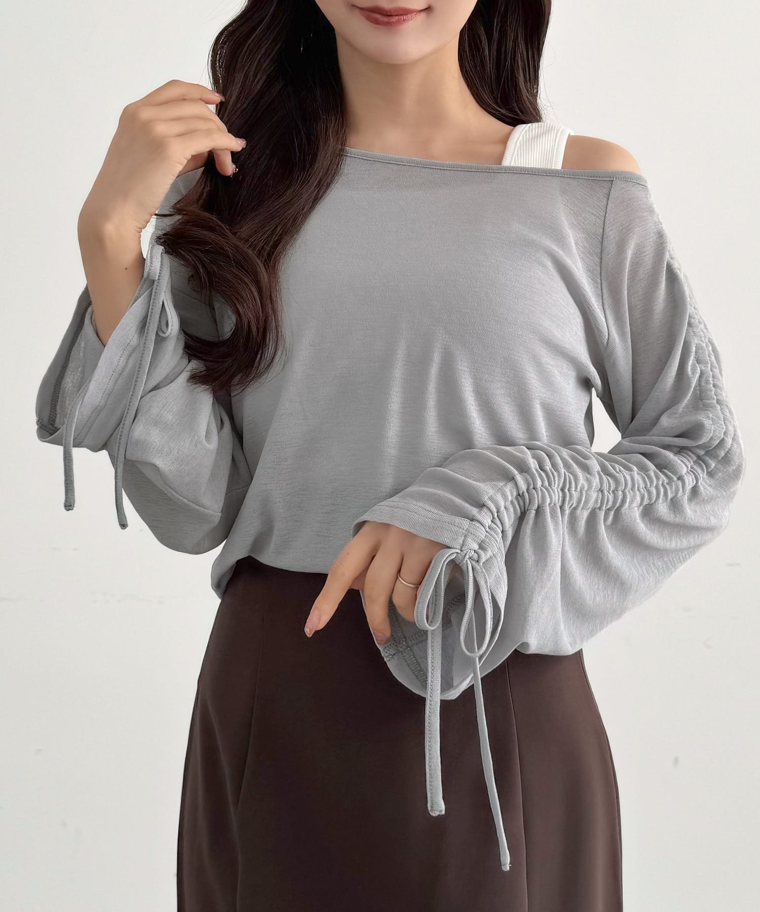 JUNOAH CENEA 【取り外し可能パット付き】袖ドロストカットソー+リブタンクトップSET ジュノア トップス カットソー・Tシャツ ブラック グレー