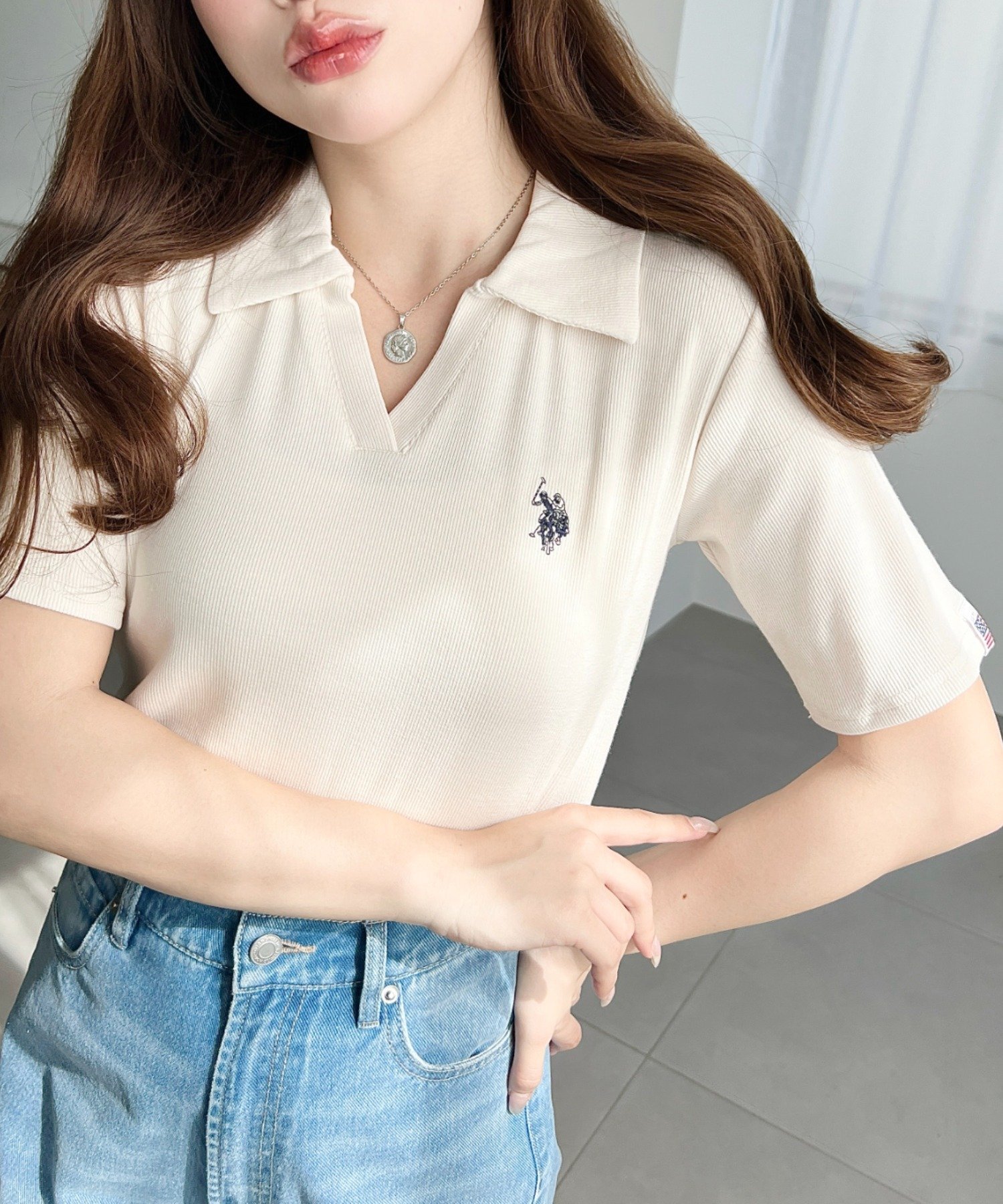 moment+ U.S.POLO ASSN.ワンポイント刺繍スキッパー衿半袖カットソー モーメントプラス トップス カットソー・Tシャツ ホワイト グレー ブラック ネイビー