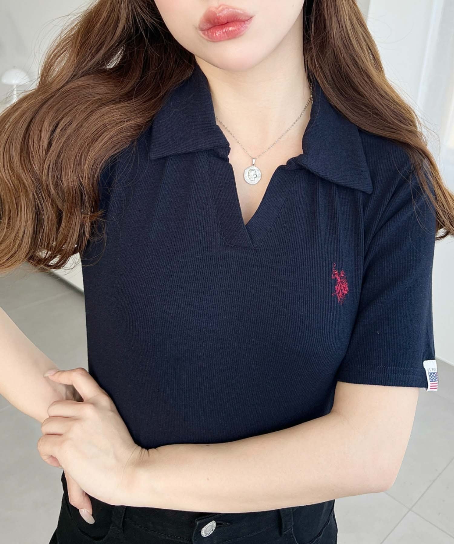 moment+ U.S.POLO ASSN.ワンポイント刺繍スキッパー衿半袖カットソー モーメントプラス トップス カットソー・Tシャツ ホワイト グレー ブラック ネイビー