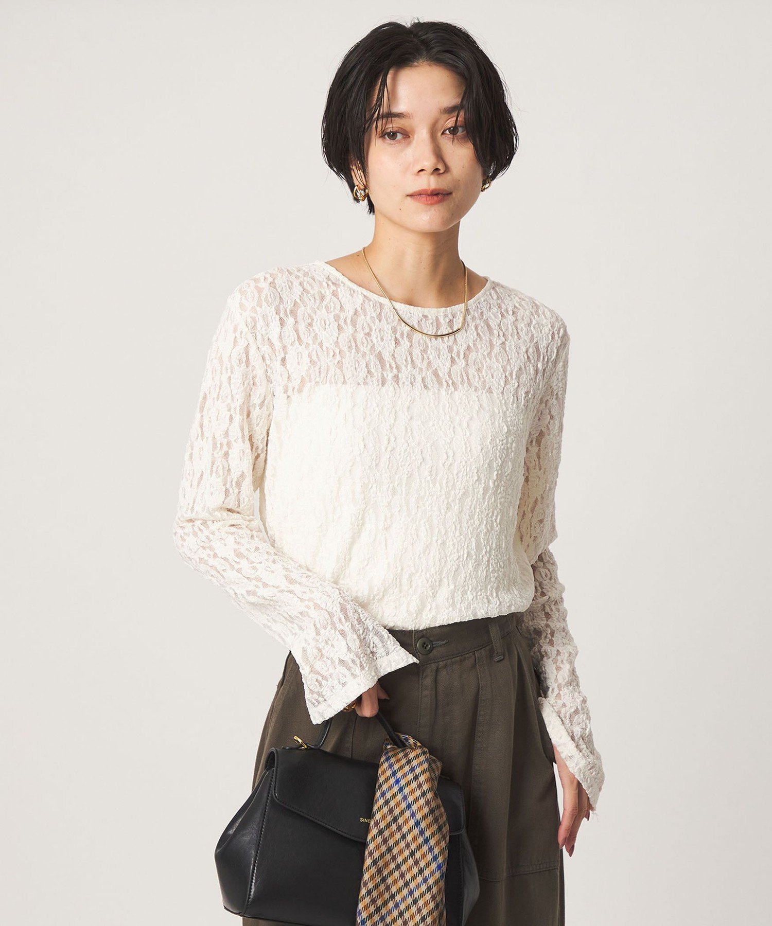 レース プルオーバー カットソー ユナイテッドアローズ グリーンレーベルリラクシング トップス カットソー・Tシャツ ホワイト ブラウン ブラック