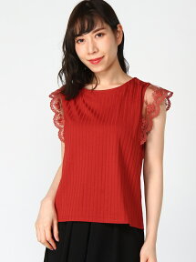 【SALE／70%OFF】Lilou de chouchou テレコ袖レースフレンチスリーブカットソー リルデシュシュ カットソー Tシャツ レッド ホワイト イエロー ブラック