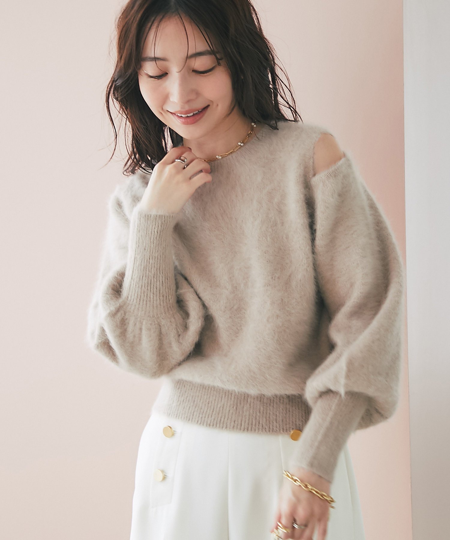 【SALE／52%OFF】La boutique BonBon 【最強モテ】ヘアリーウールカシミヤ混スリットショルダーニット ラブティックボンボン トップス ニット ホワイト グリーン ピンク グレー【送料無料】のサムネイル