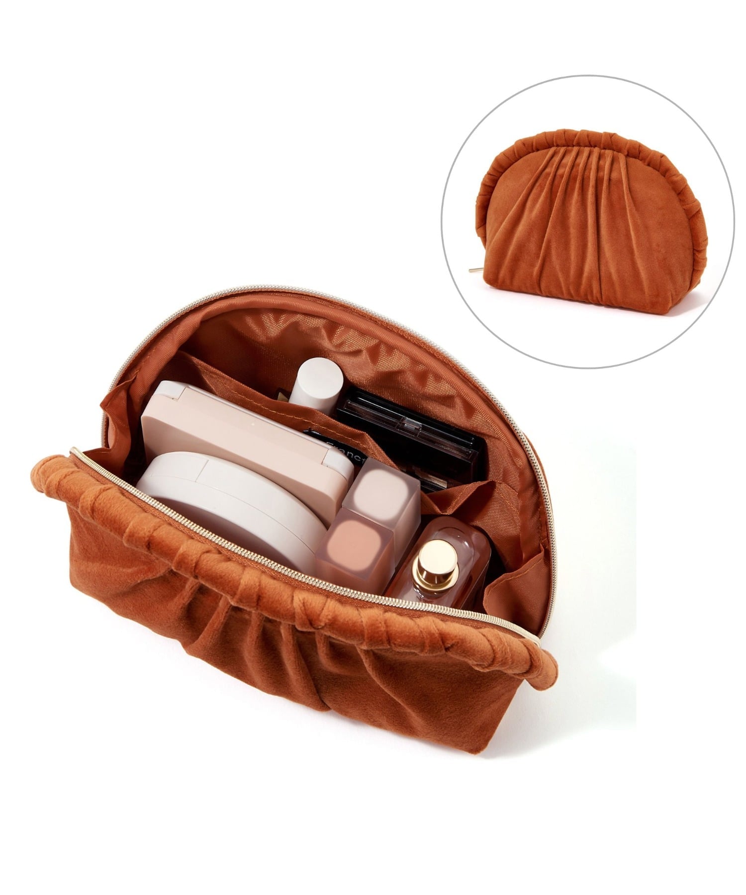 Francfranc ベロアプリーツ ポーチ S ポケット付き 化粧ポーチ コスメ収納 コンパクト フランフラン 財..