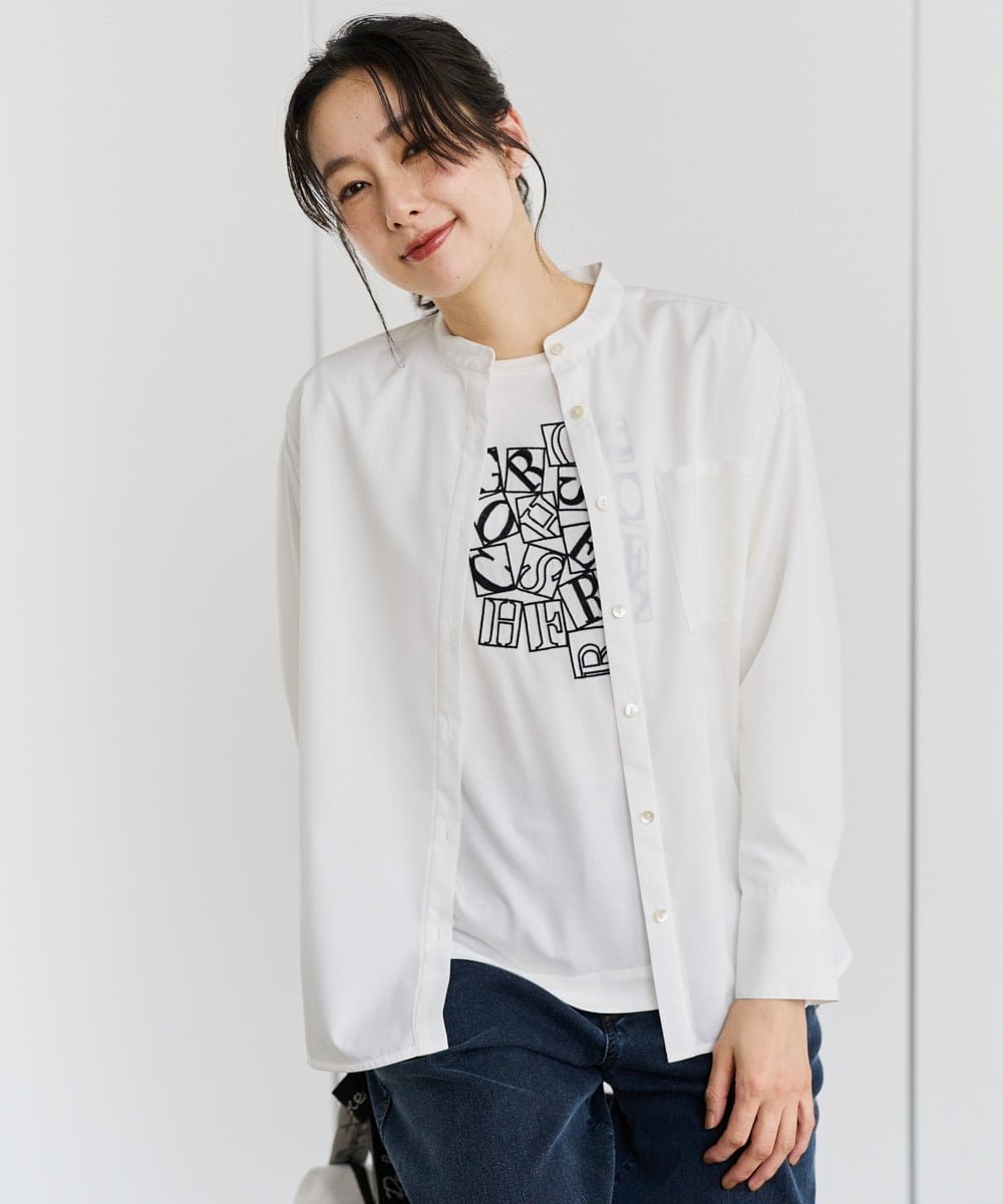 [日本製]バンドカラーシャツ ジョルジュ・レッシュ トップス シャツ・ブラウス ネイビー ホワイト