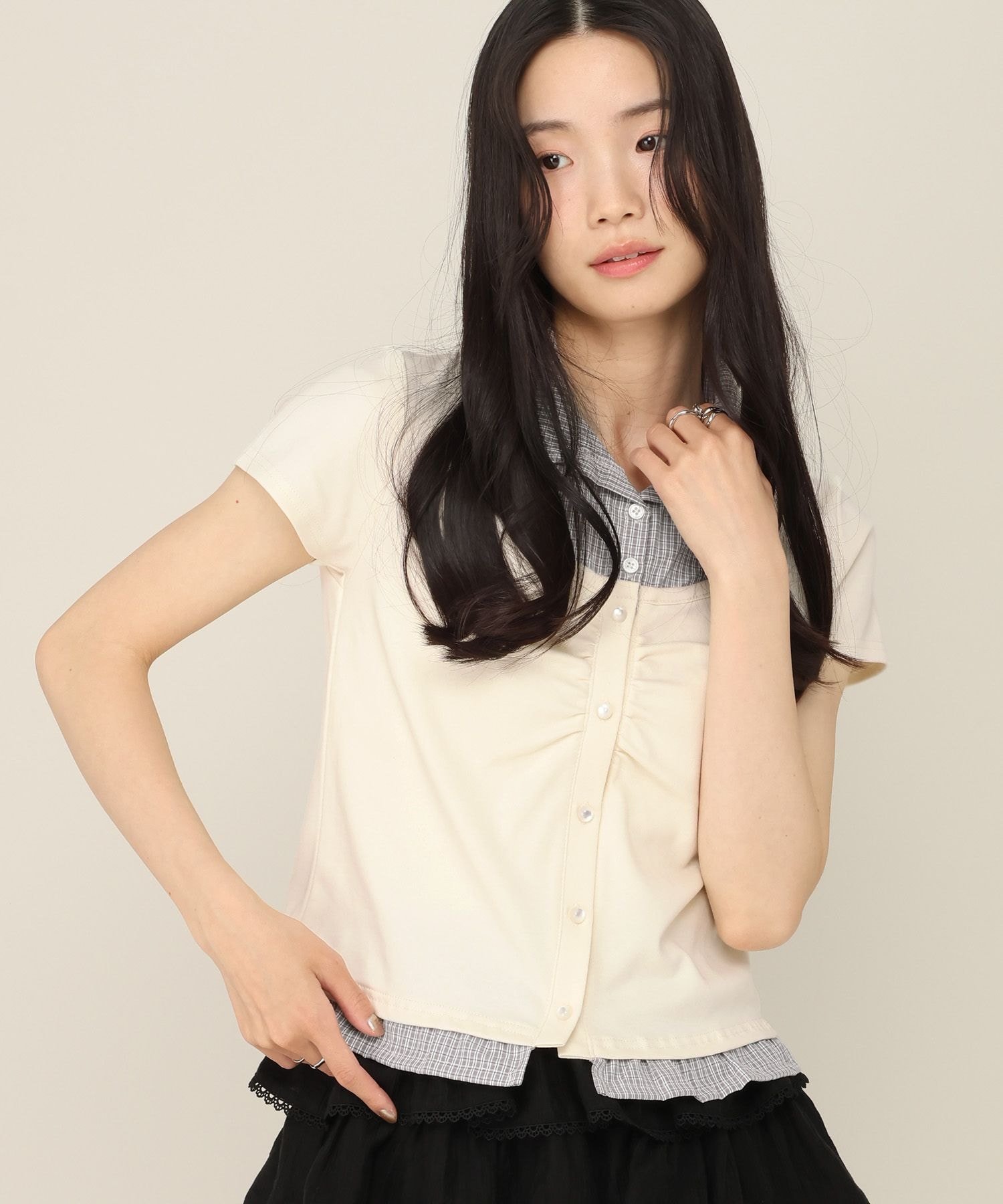 Heather 【新色入荷】ドッキングレイヤードTEE ヘザー トップス カットソー・Tシャツ ネイビー ホワイト グレー ブラック