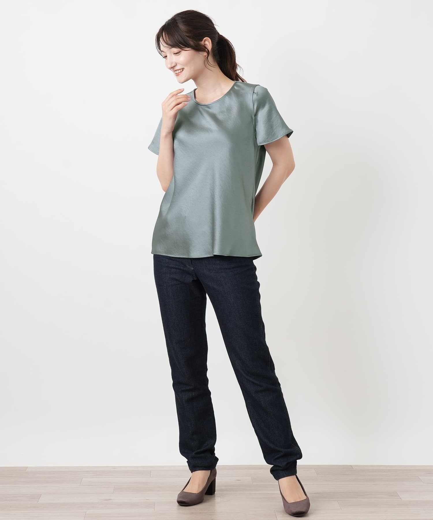 Leilian サテンフレアブラウス【ROCHAS Premiere】 レリアン トップス シャツ・ブラウス グレー ベージュ
