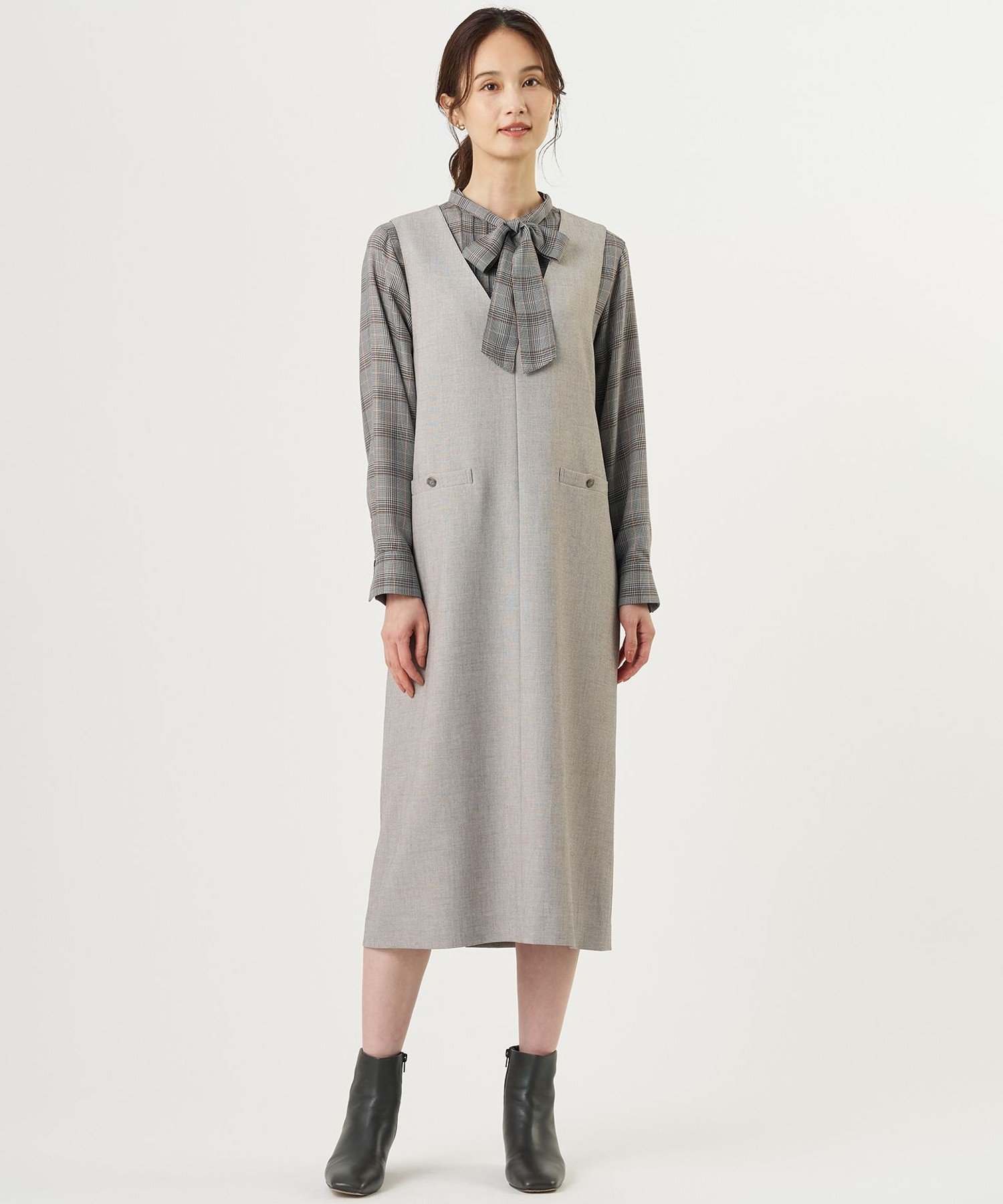 J.PRESS MULTI DRY クロス ワンピース ジェイプレス ワンピース・ドレス ワンピース グレー ネイビー