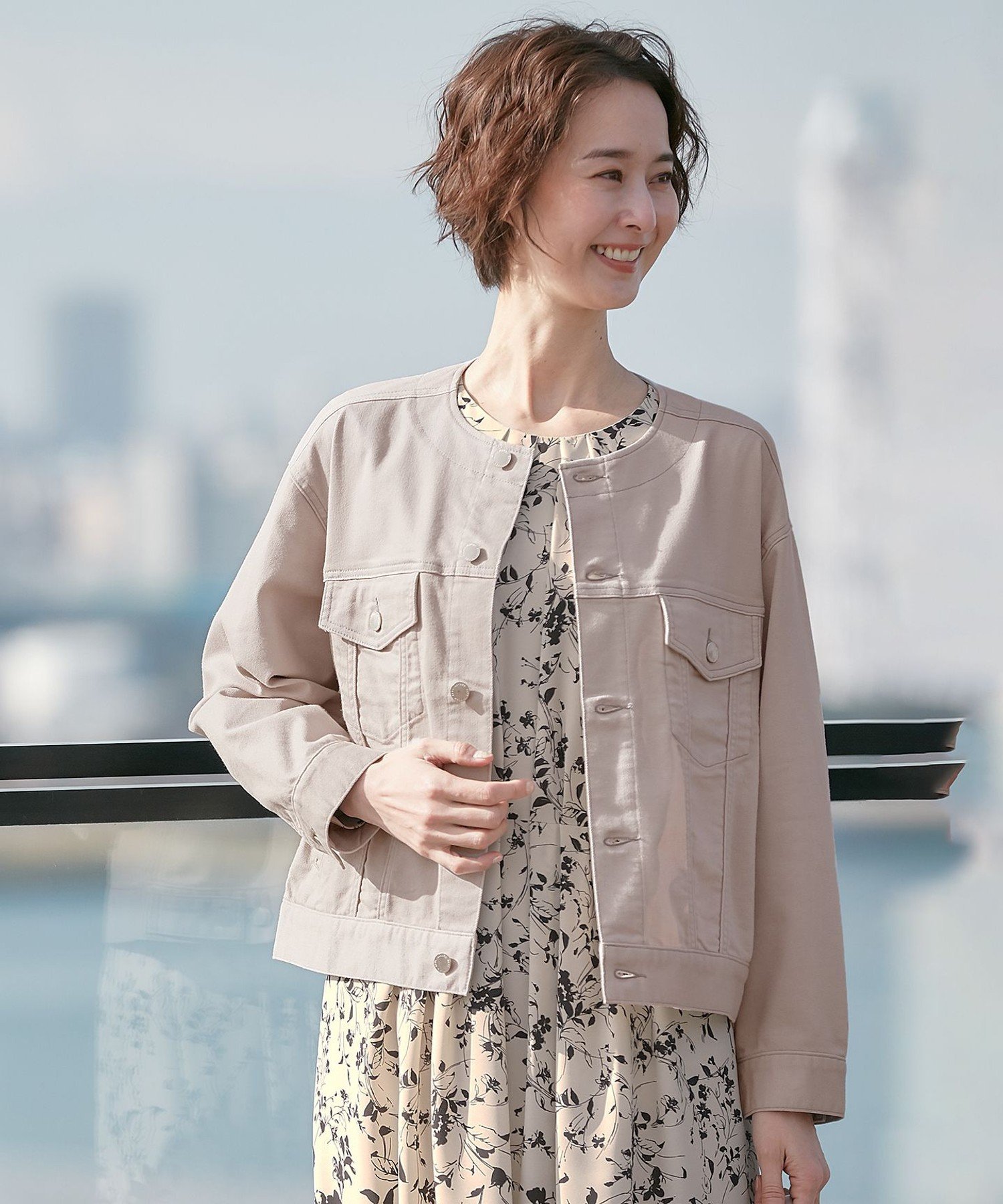 自由区 L 【ご好評につき追加生産・洗える】USUKARU DENIM ノーカラージャケット ジユウク ジャケット・アウター デニムジャケット ベージュ ホワイト ブルー ネイビー
