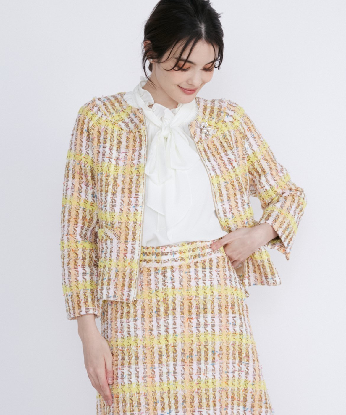 Maglie par ef-de 《M Maglie le cassetto》コットンキャンディーツイードジャケット マーリエ ル カセット ジャケット・アウター ノーカラージャケット イエロー