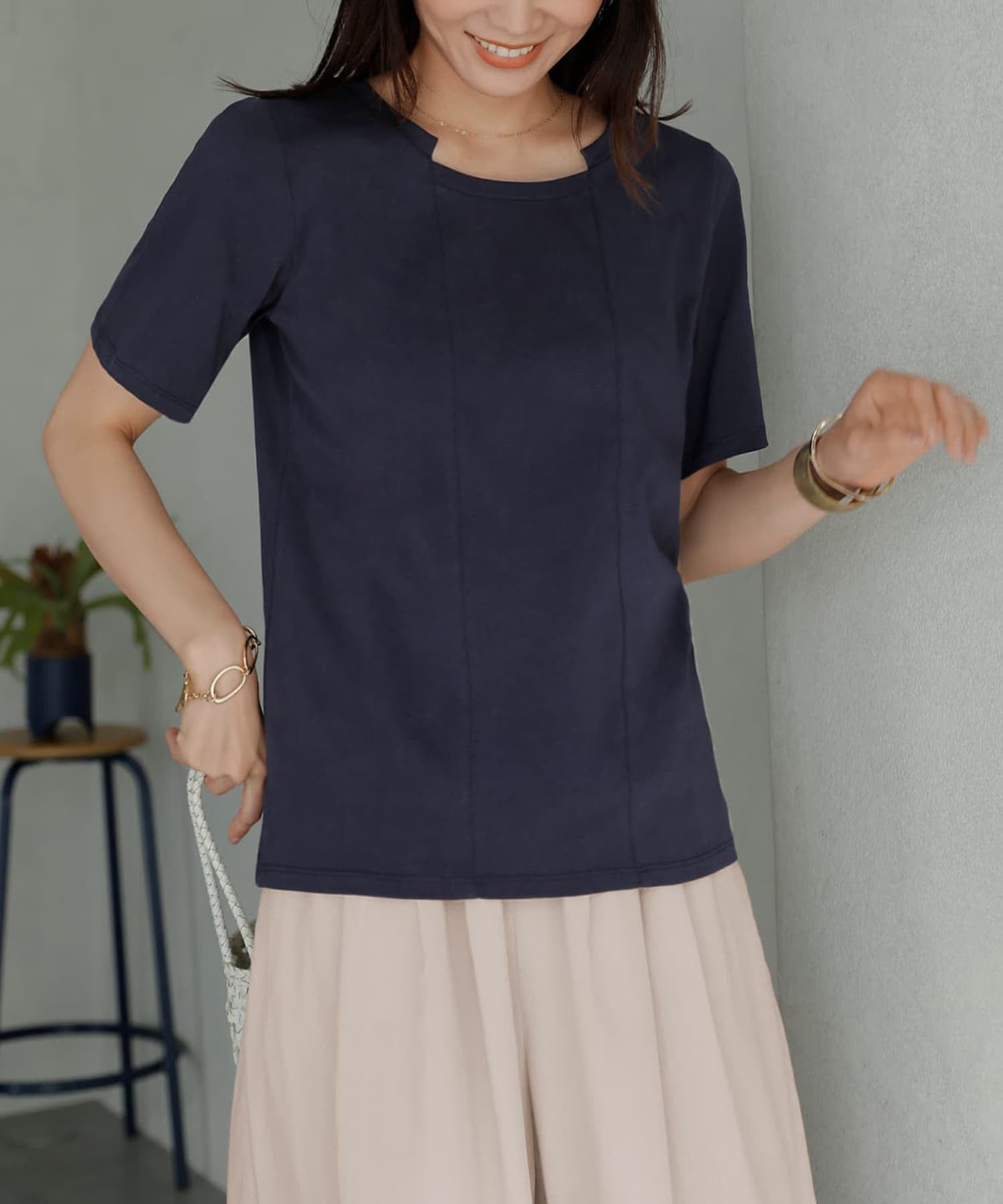 STYLE DELI 首元デザインカットソートップス スタイルデリ トップス カットソー・Tシャツ ネイビー ホワイト