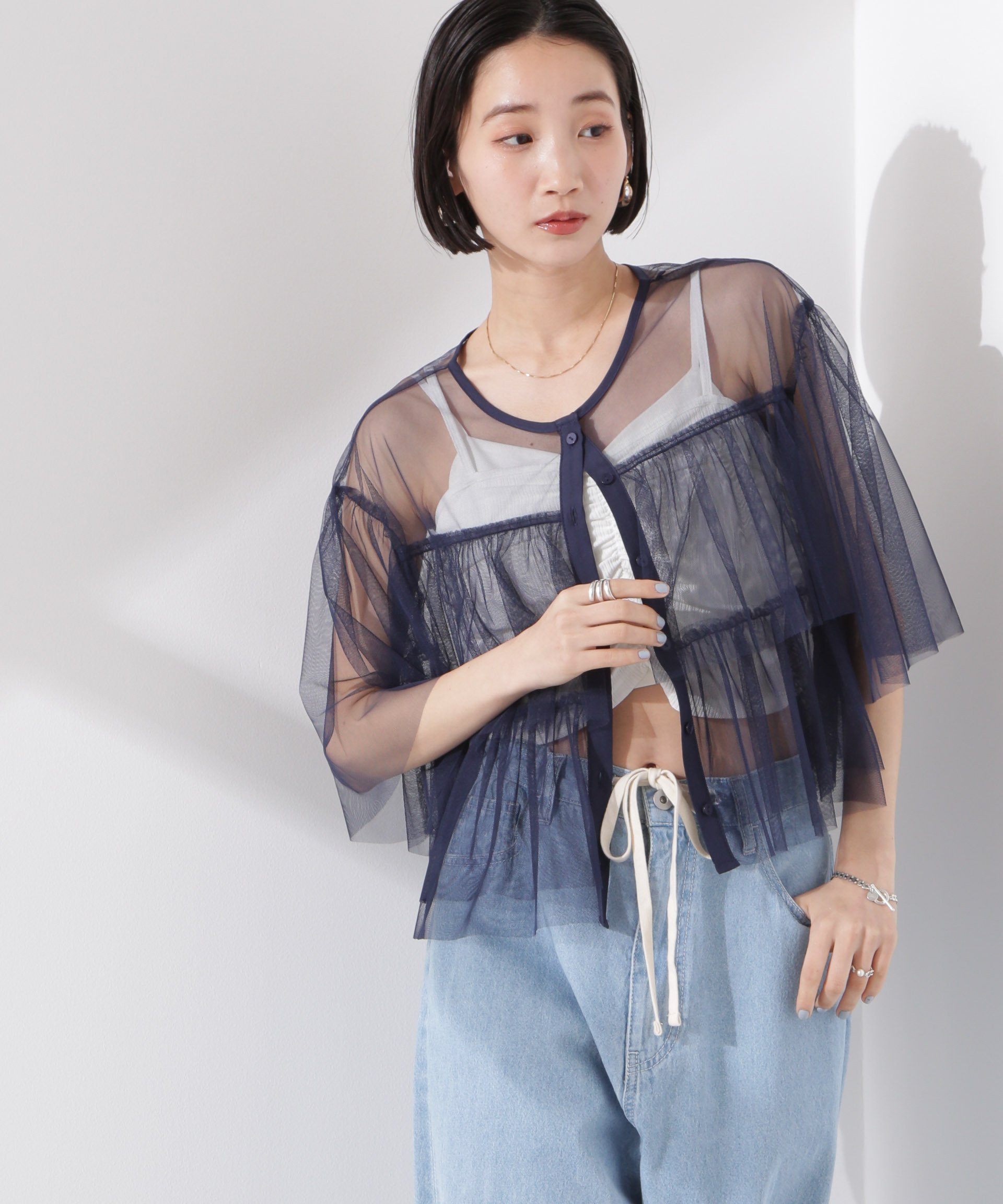 【SALE／40%OFF】NANO universe チュールティアードブラウス ナノユニバース トップス シャツ・ブラウス ホワイト ブラック ネイビー stylife-15088652 Rakuten Fashion サンプル画像3