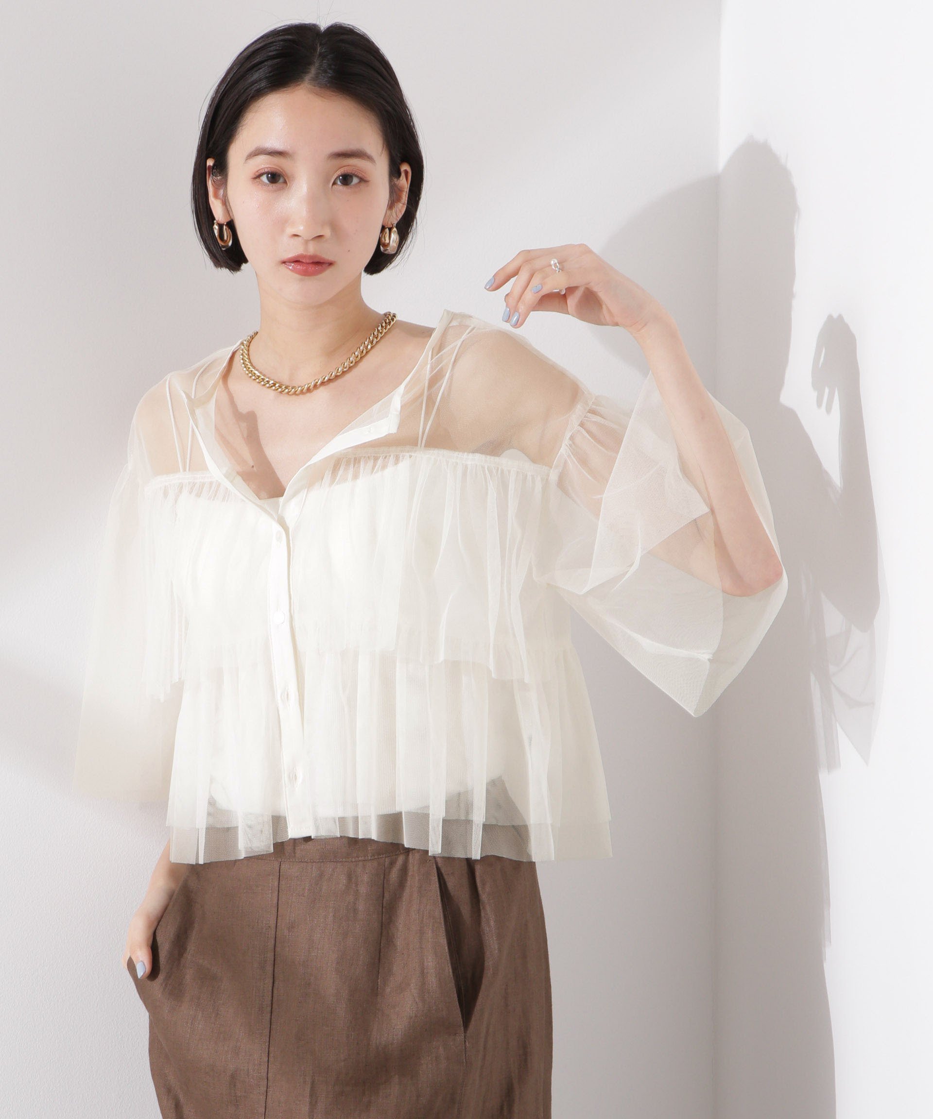 【SALE／40%OFF】NANO universe チュールティアードブラウス ナノユニバース トップス シャツ・ブラウス ホワイト ブラック ネイビー stylife-15088652 Rakuten Fashion パッケージ画像