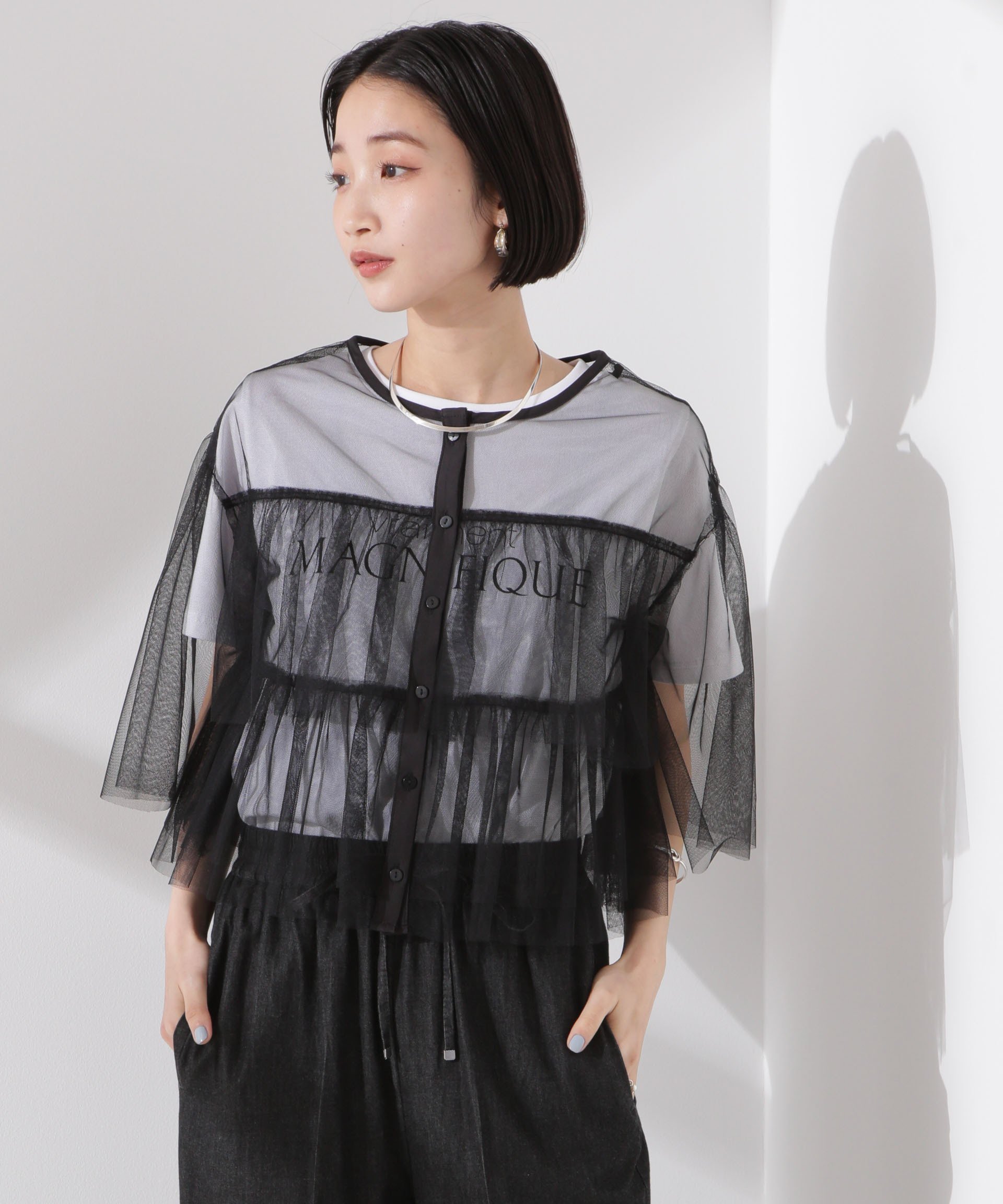 【SALE／40%OFF】NANO universe チュールティアードブラウス ナノユニバース トップス シャツ・ブラウス ホワイト ブラック ネイビー stylife-15088652 Rakuten Fashion サンプル画像2