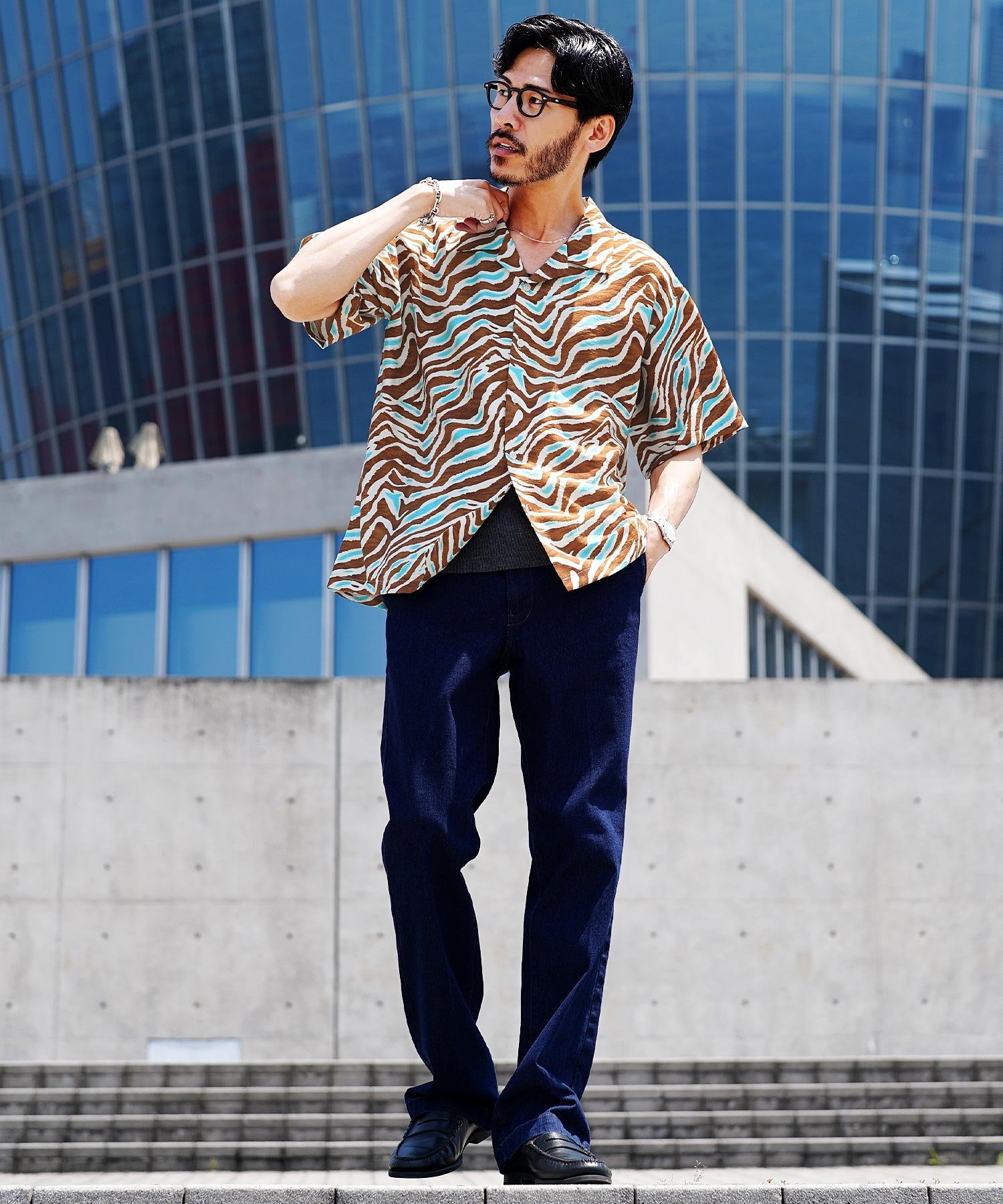 JIGGYS SHOP SELECT ウェーブライン 半袖 オープンカラーシャツ 26SS ジギーズショップ トップス シャツ・ブラウス パープル ブラウン
