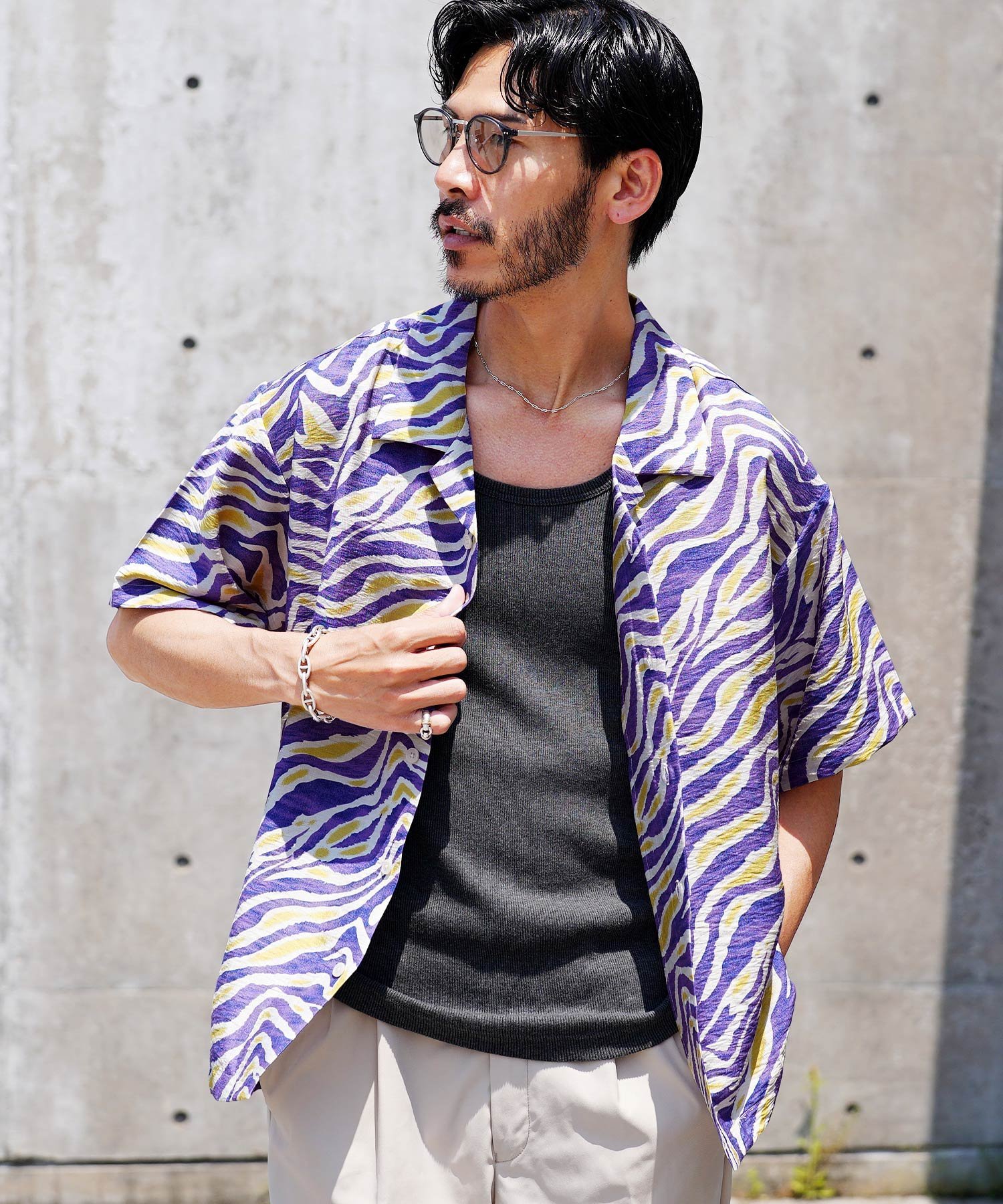 JIGGYS SHOP SELECT ウェーブライン 半袖 オープンカラーシャツ 26SS ジギーズショップ トップス シャツ・ブラウス パープル ブラウン