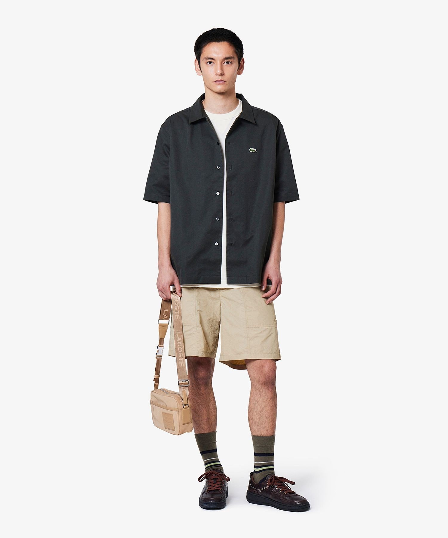 LACOSTE シルクブレンドオープンカラーシャツ ラコステ トップス シャツ・ブラウス ブラック ホワイト グレー【送料無料】